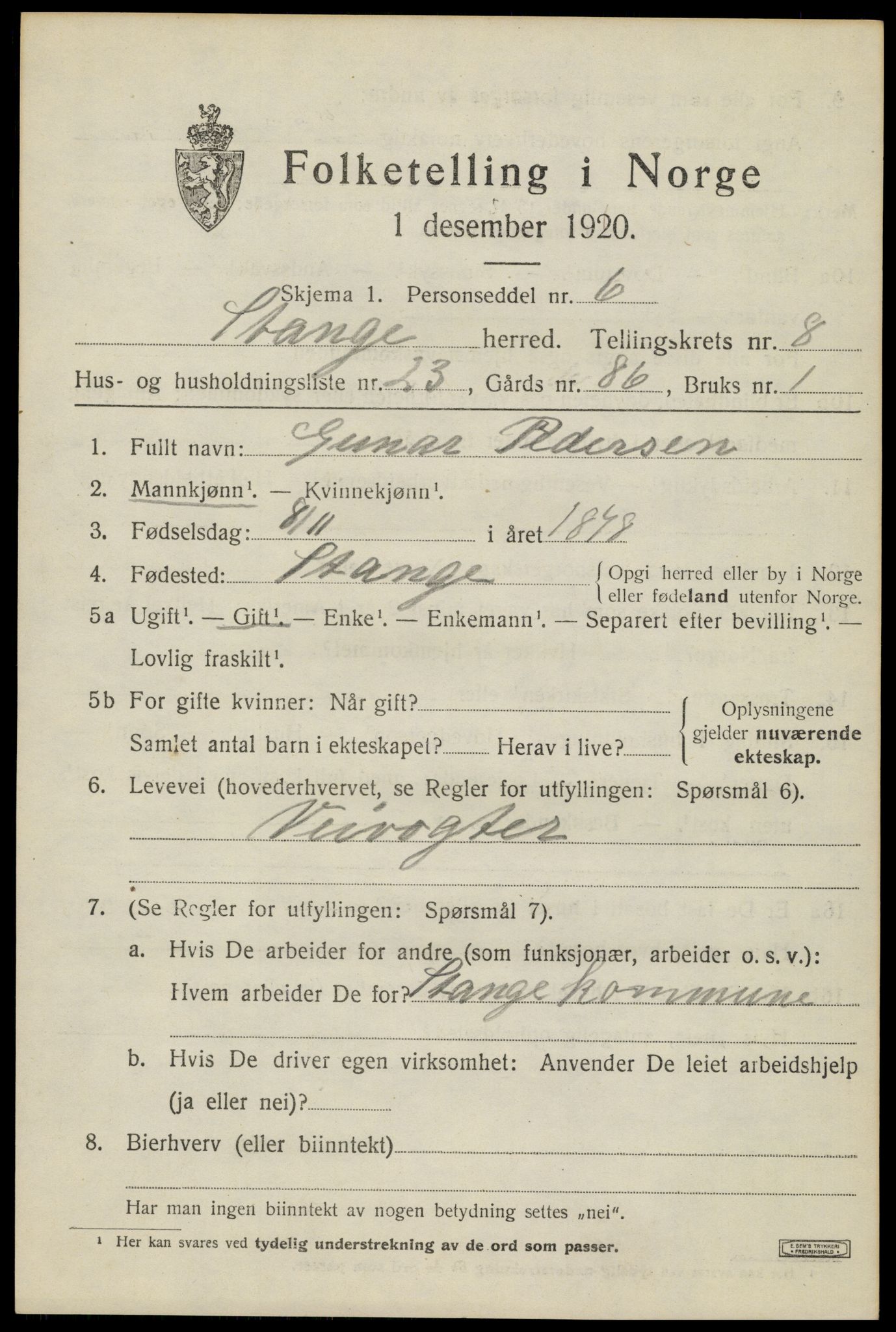 SAH, 1920 census for Stange, 1920, p. 13801