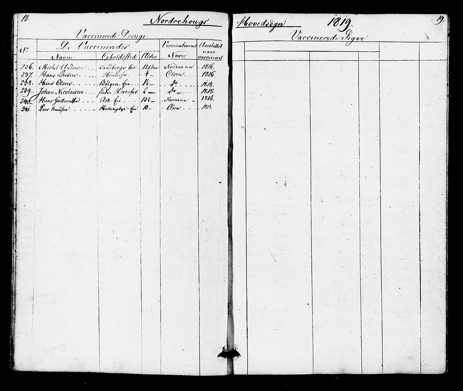 Norderhov kirkebøker, AV/SAKO-A-237/F/Fa/L0014: Vaccination register no. 14, 1818-1853, p. 18-19