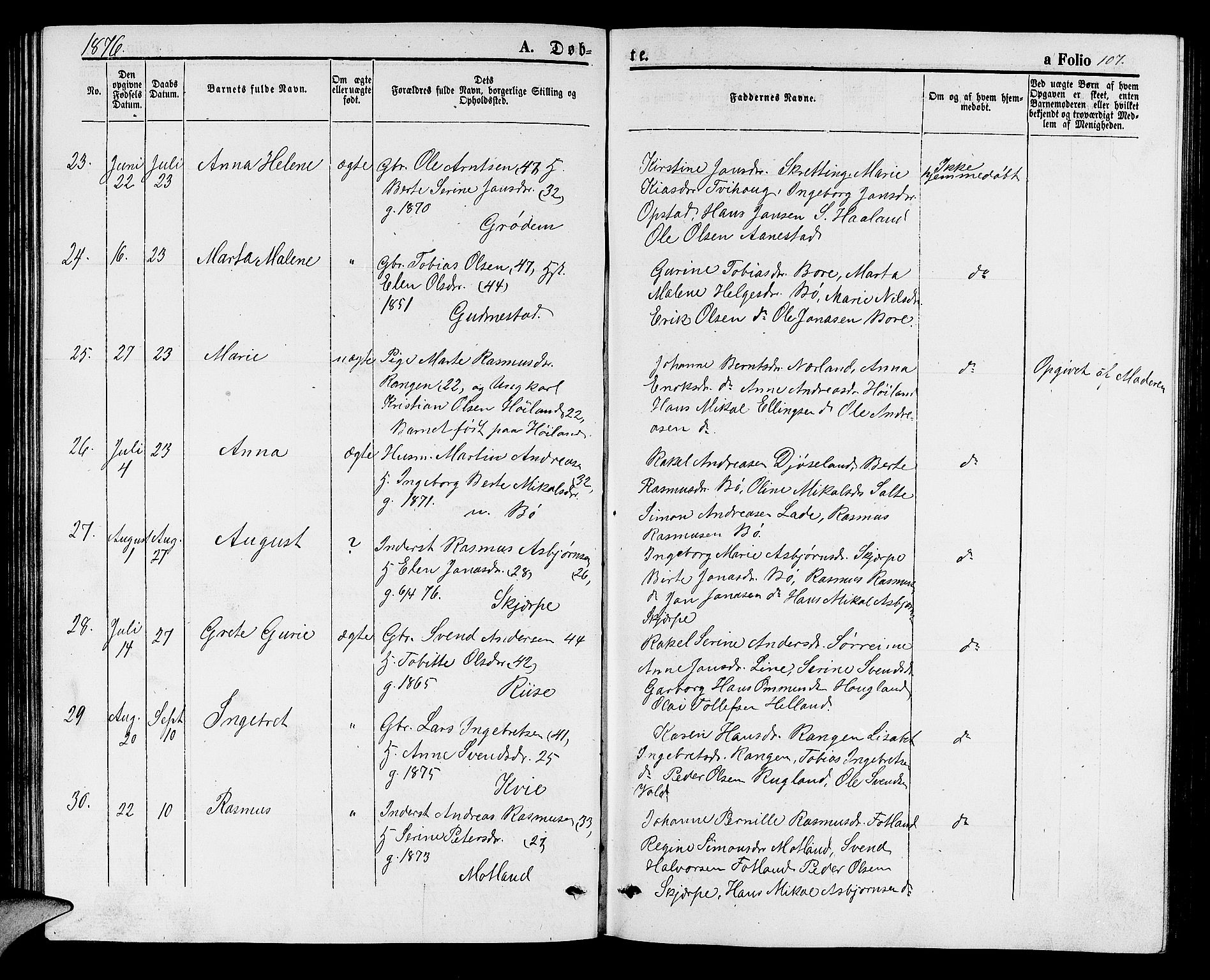 Hå sokneprestkontor, AV/SAST-A-101801/001/30BB/L0001: Parish register (copy) no. B 1, 1854-1883, p. 107