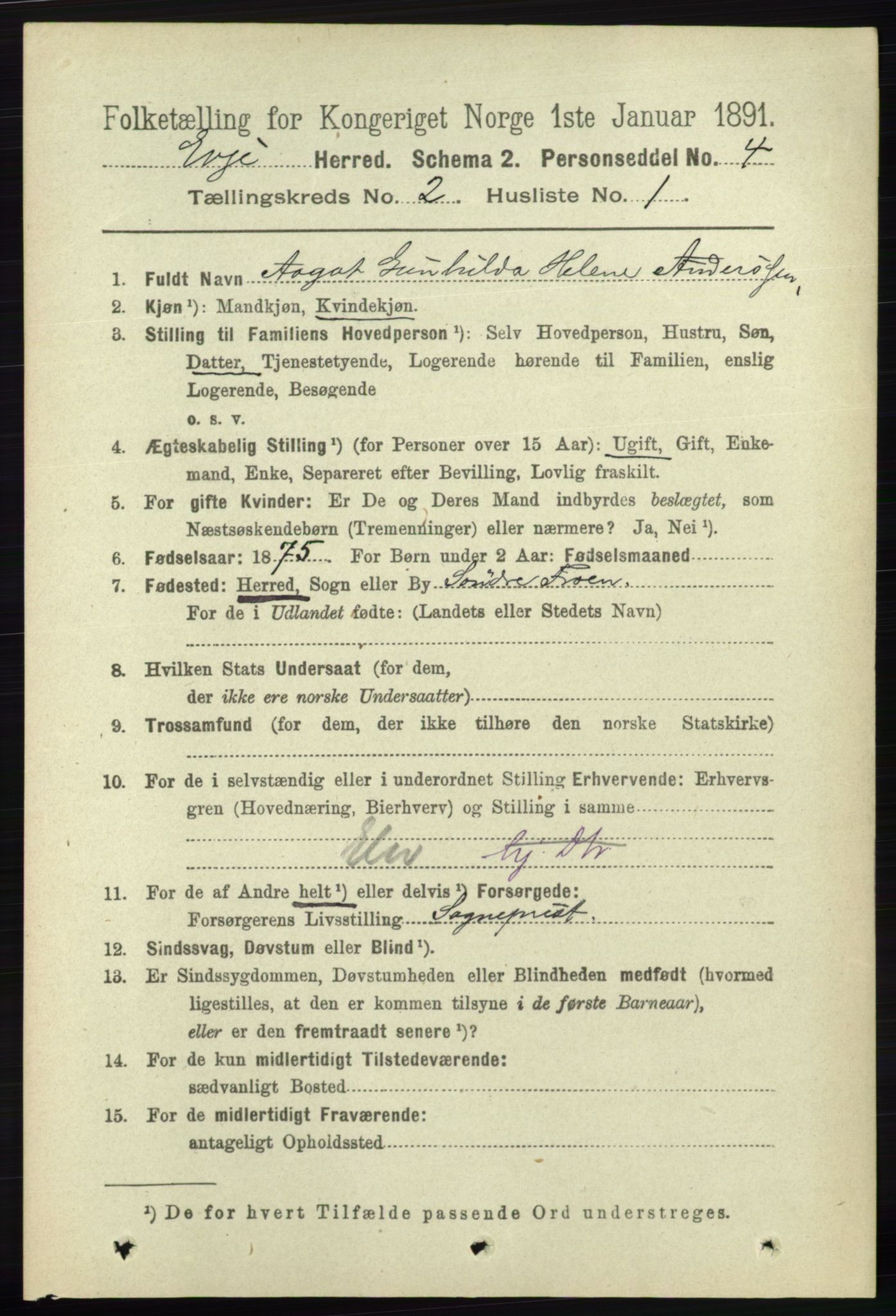 RA, 1891 census for 0937 Evje, 1891, p. 374