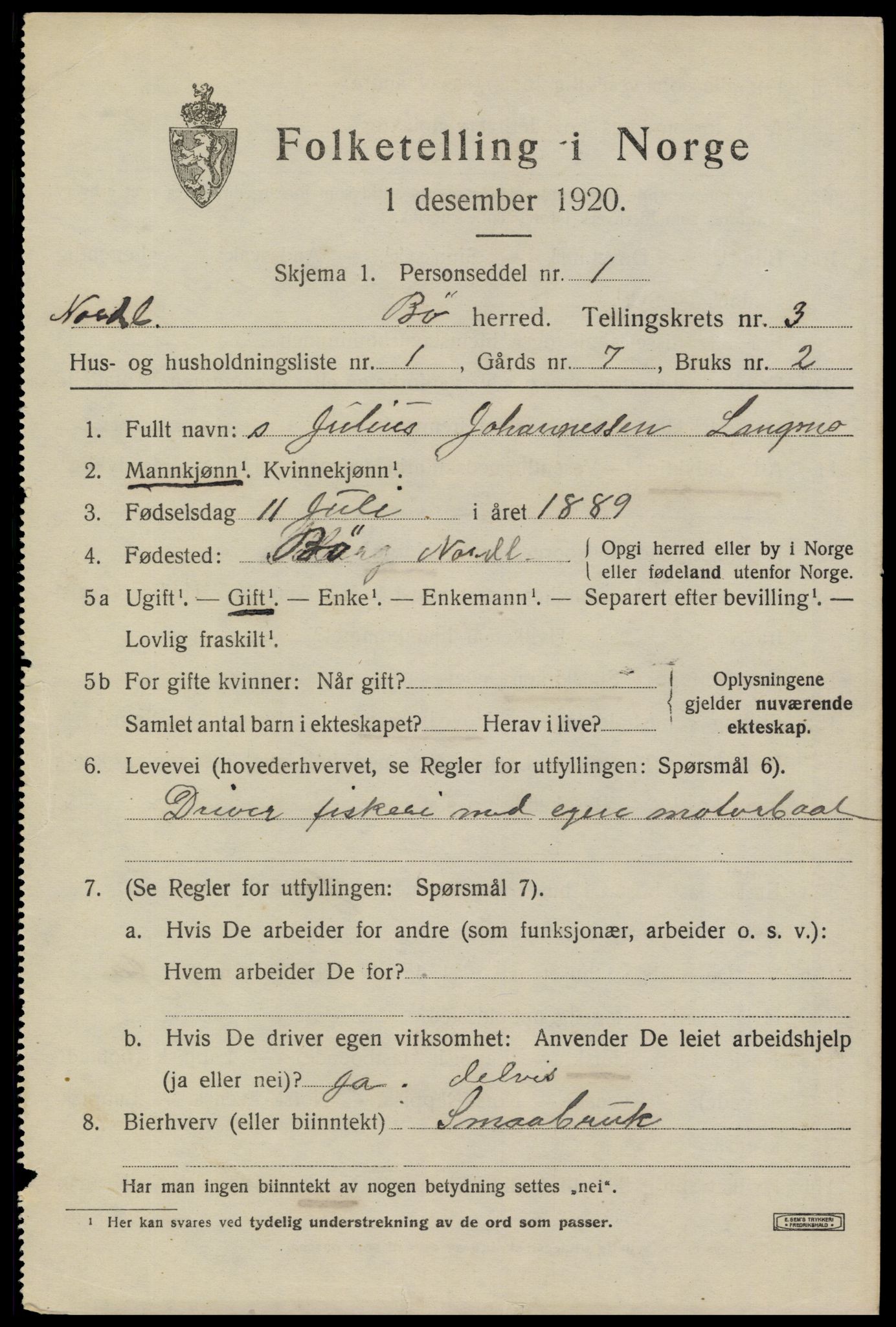 SAT, 1920 census for Bø, 1920, p. 2662