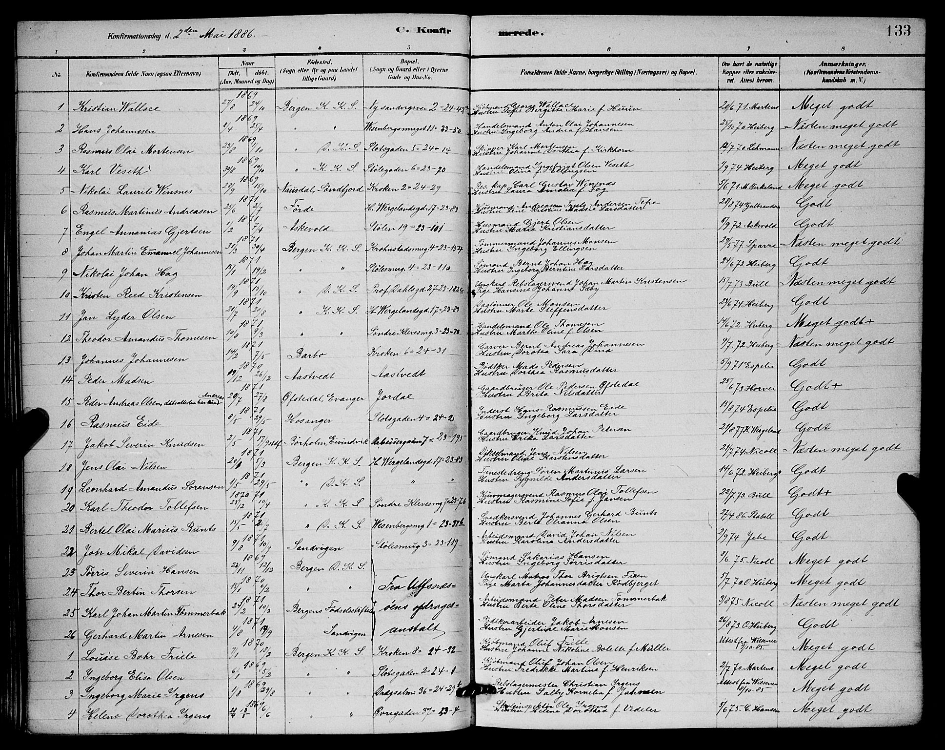 Mariakirken Sokneprestembete, SAB/A-76901/H/Hab/L0004: Parish register (copy) no. A 4, 1878-1892, p. 133
