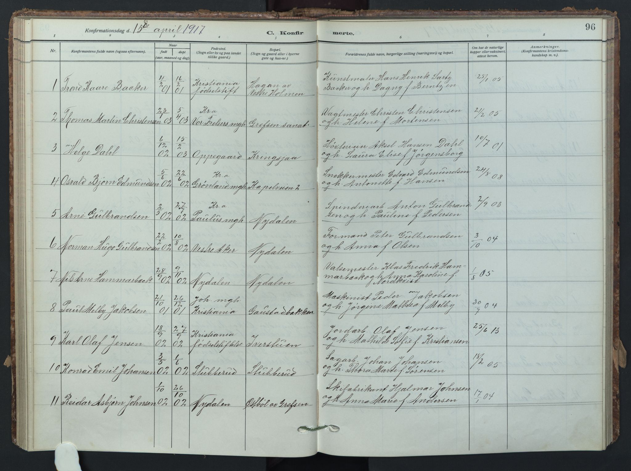 Vestre Aker prestekontor Kirkebøker, AV/SAO-A-10025/F/Fa/L0017: Parish register (official) no. 17, 1910-1926, p. 96