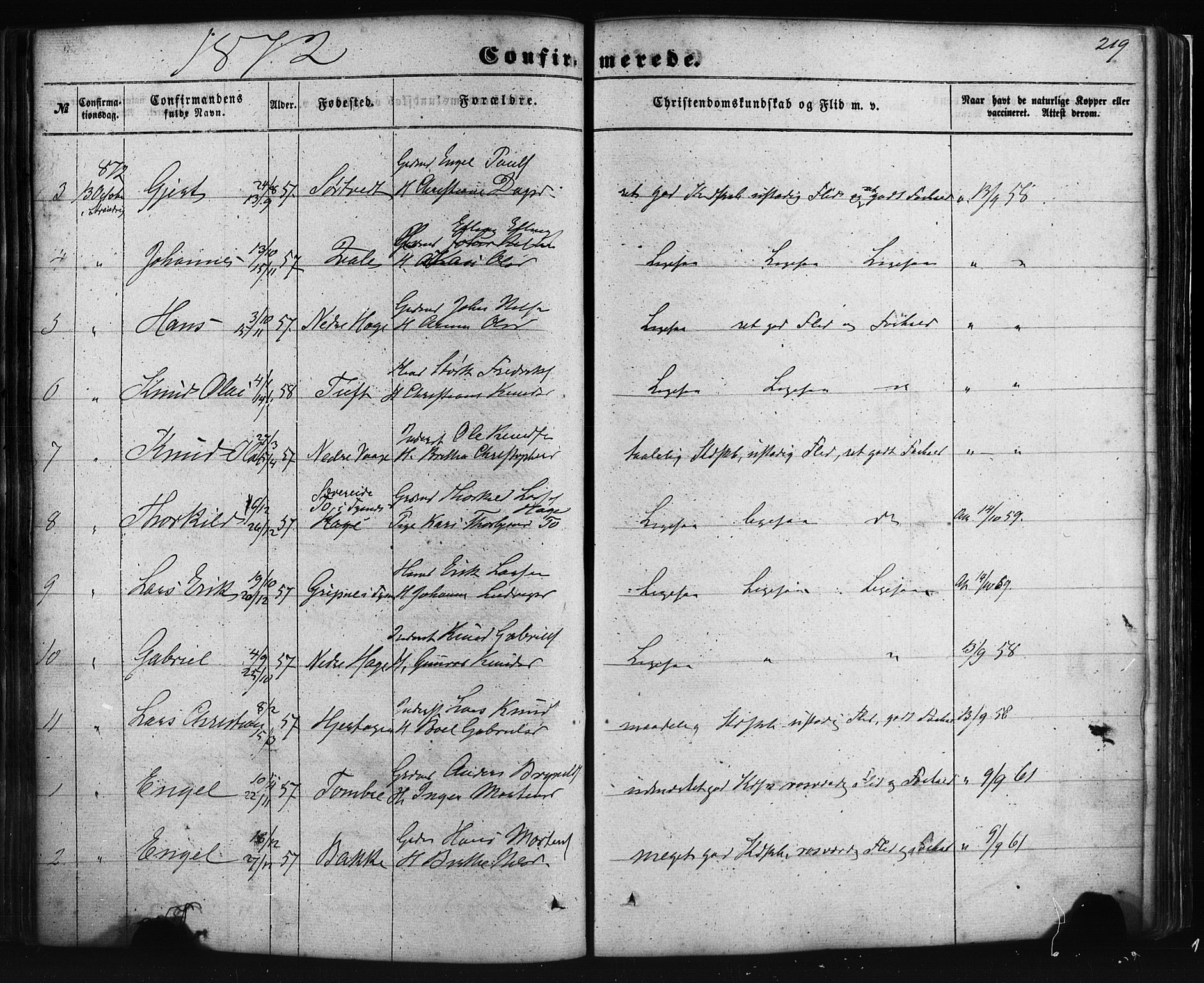 Fusa sokneprestembete, AV/SAB-A-75401/H/Haa: Parish register (official) no. A 1I, 1855-1879, p. 219