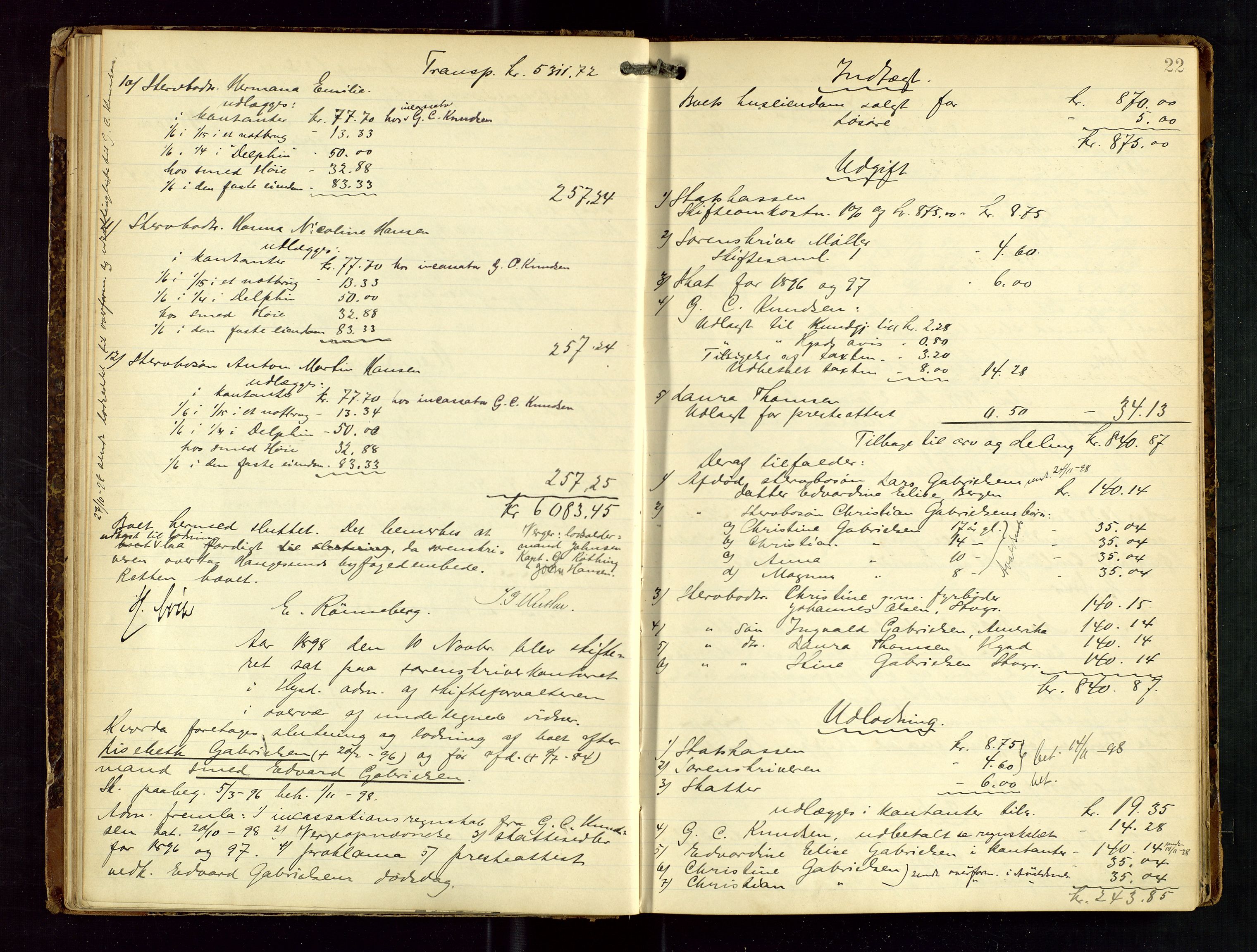 Haugesund tingrett, AV/SAST-A-101415/01/IV/IVD/L0001: Skifteutlodningsprotokoll, med register, 1897-1904, p. 21b-22a