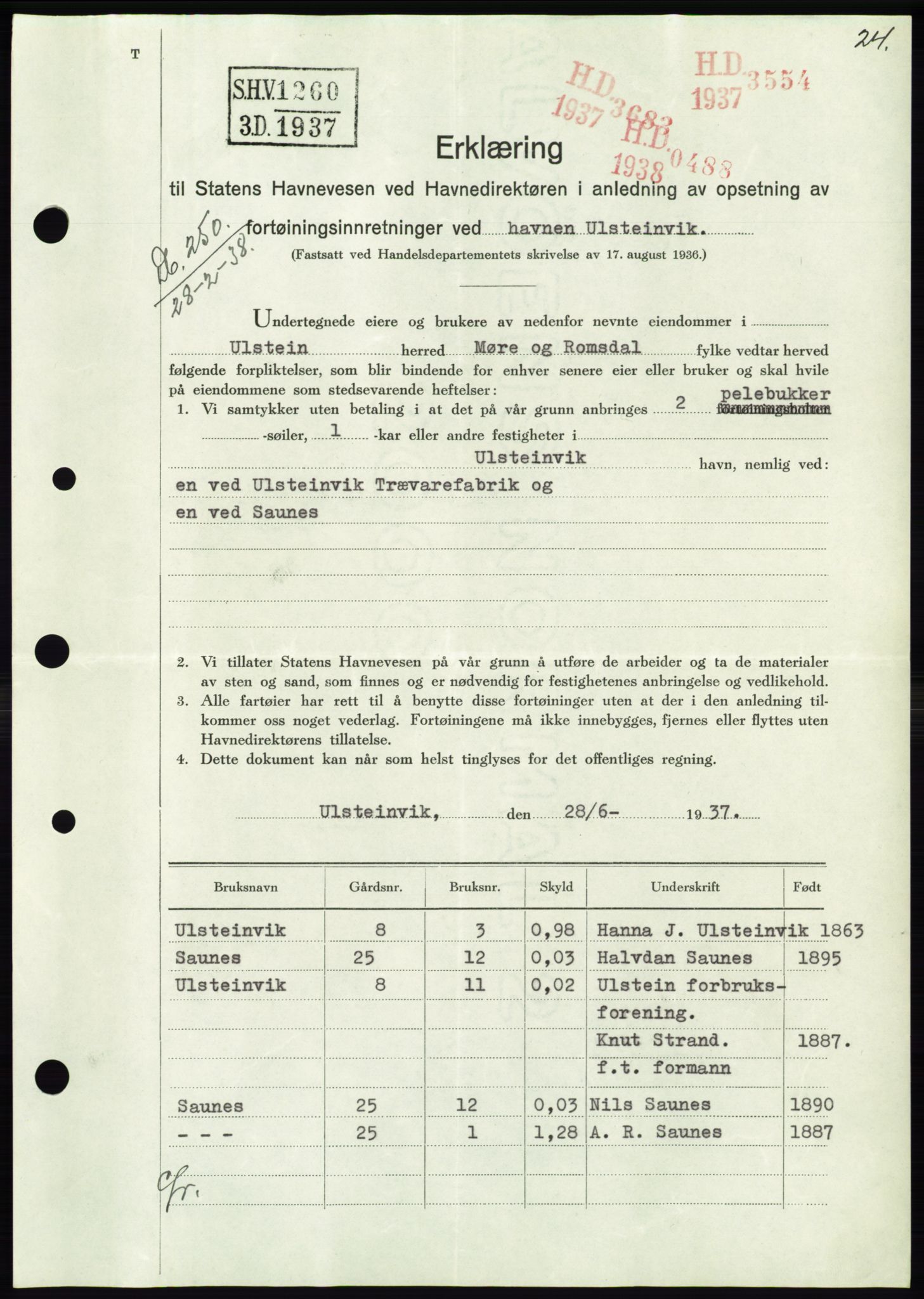 Søre Sunnmøre sorenskriveri, AV/SAT-A-4122/1/2/2C/L0065: Mortgage book no. 59, 1938-1938, Diary no: : 250/1938