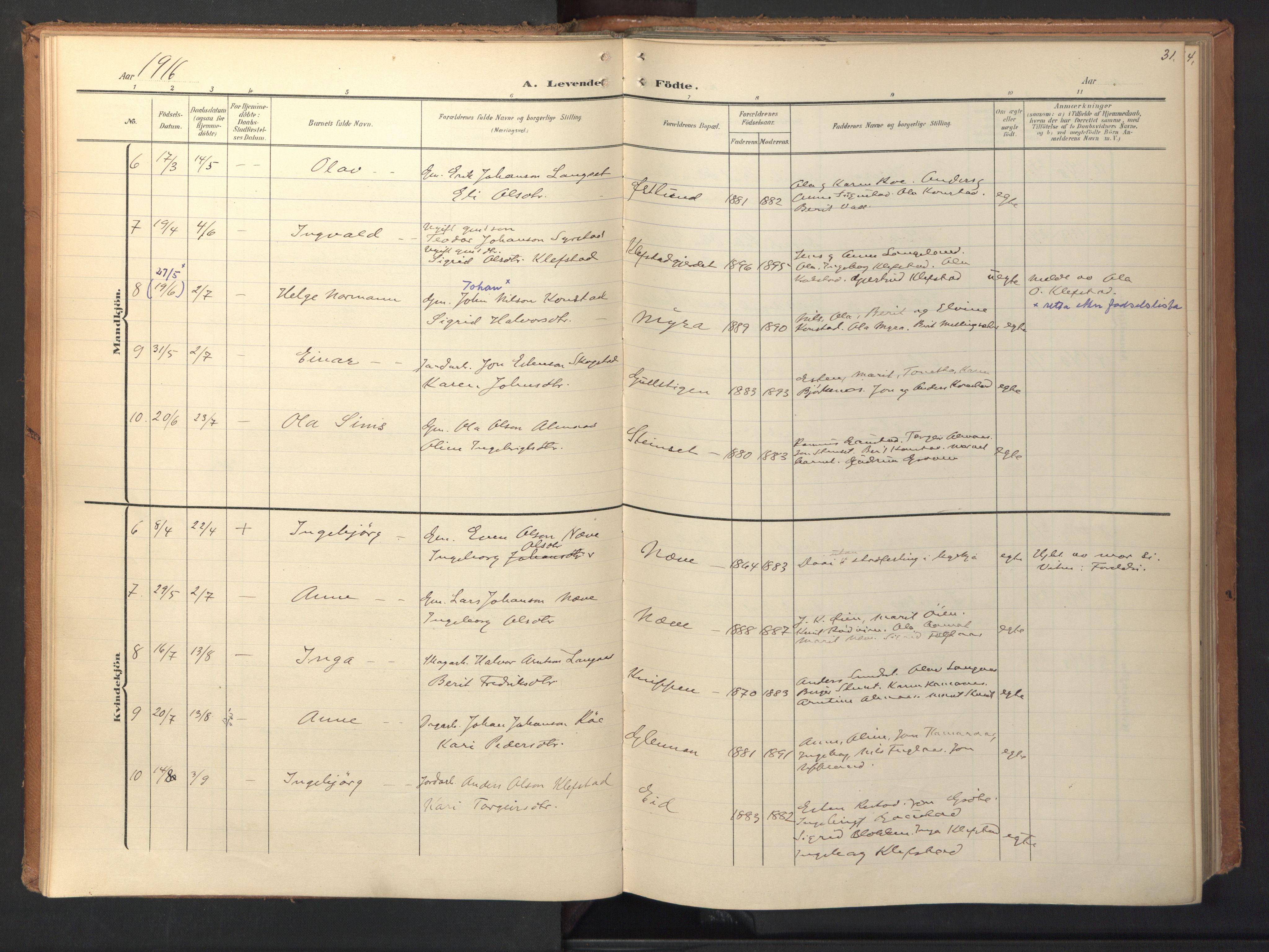 Ministerialprotokoller, klokkerbøker og fødselsregistre - Sør-Trøndelag, SAT/A-1456/694/L1128: Parish register (official) no. 694A02, 1906-1931, p. 31