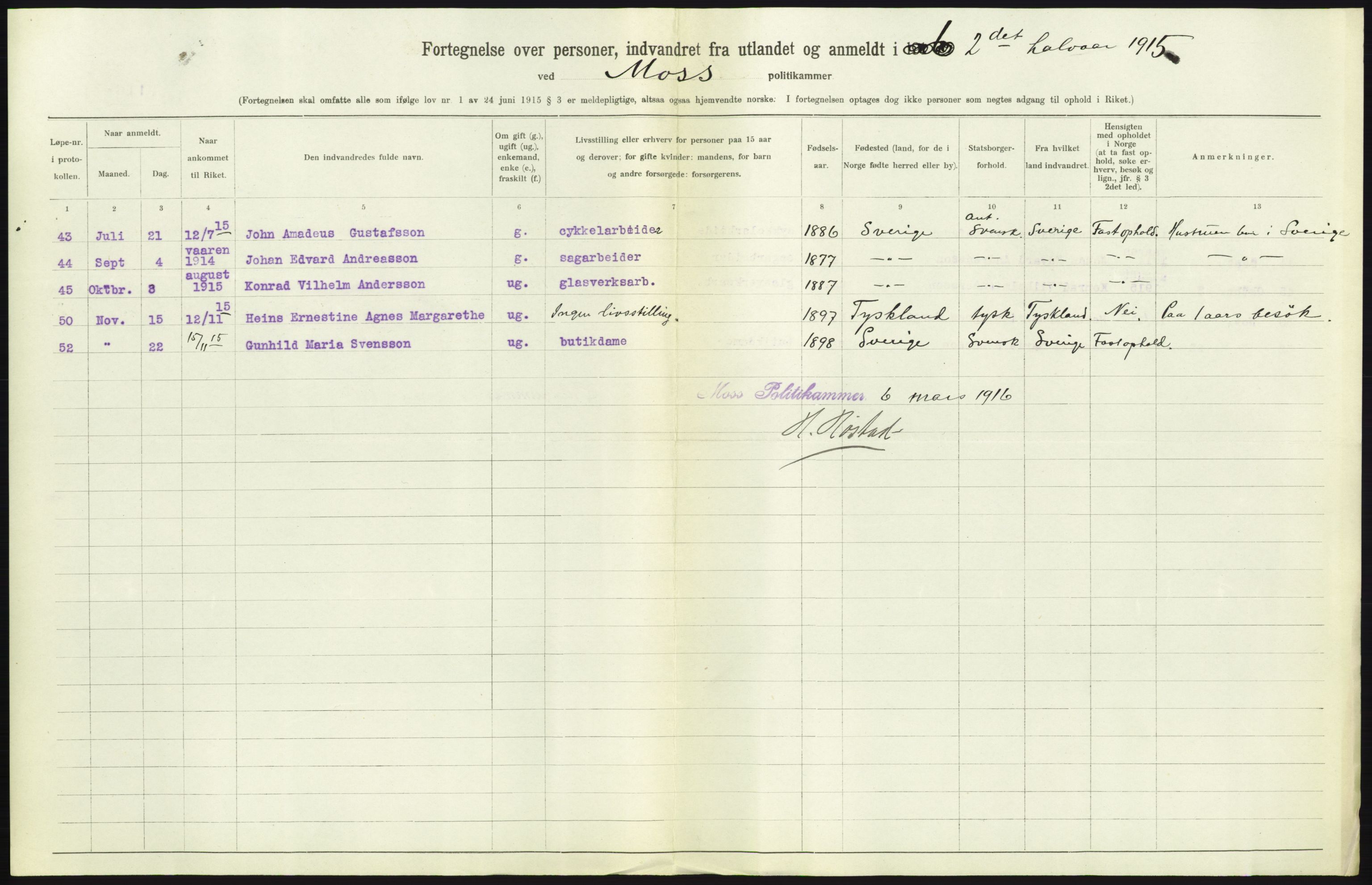 Statistisk sentralbyrå, Sosioøkonomiske emner, Folketellinger, boliger og boforhold, AV/RA-S-2231/F/Fa/L0001: Innvandring. Navn/fylkesvis, 1915, p. 151