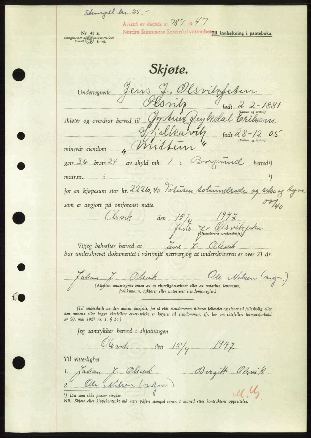 Nordre Sunnmøre sorenskriveri, AV/SAT-A-0006/1/2/2C/2Ca: Mortgage book no. A24, 1947-1947, Diary no: : 787/1947