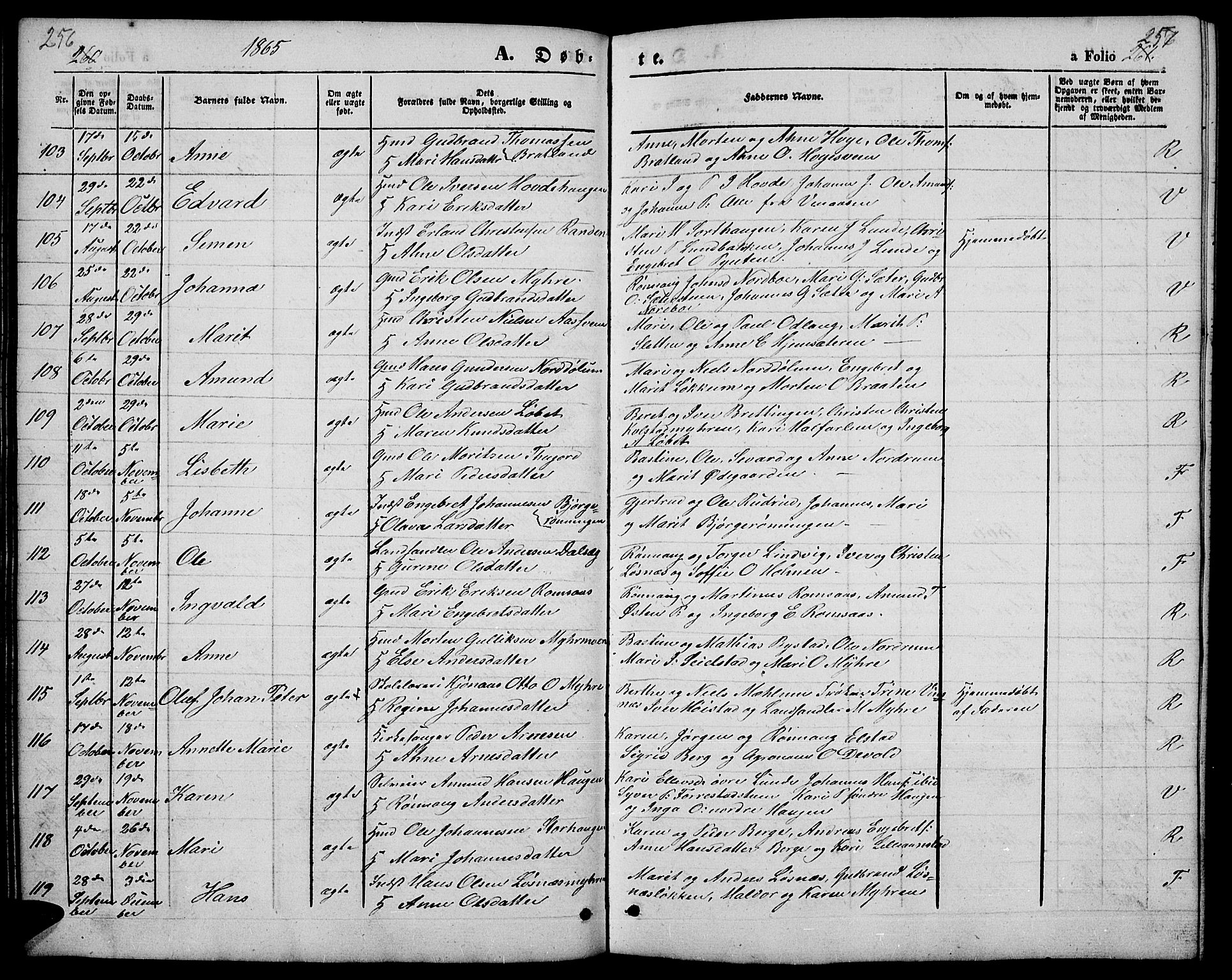 Ringebu prestekontor, SAH/PREST-082/H/Ha/Hab/L0003: Parish register (copy) no. 3, 1854-1866, p. 256-257