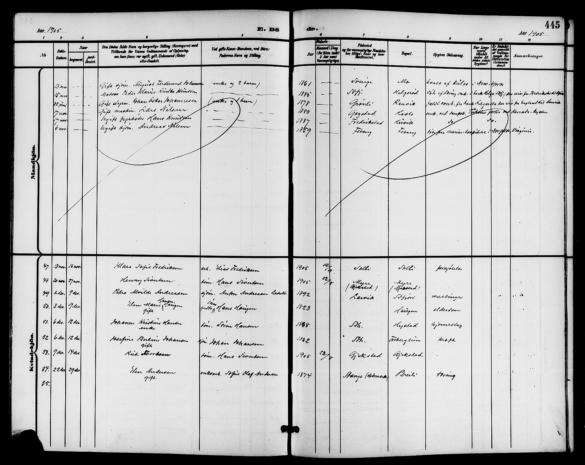 Sandar kirkebøker, AV/SAKO-A-243/G/Ga/L0002: Parish register (copy) no. 2, 1900-1915, p. 445