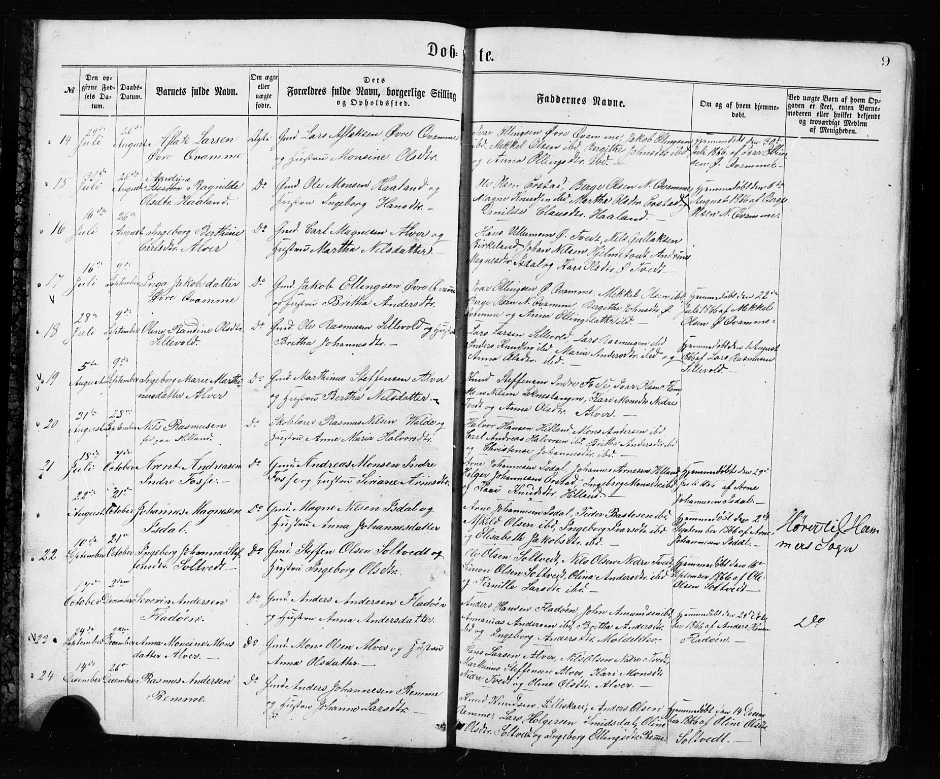 Alversund Sokneprestembete, SAB/A-73901/H/Ha/Hab: Parish register (copy) no. A 2, 1864-1905, p. 9