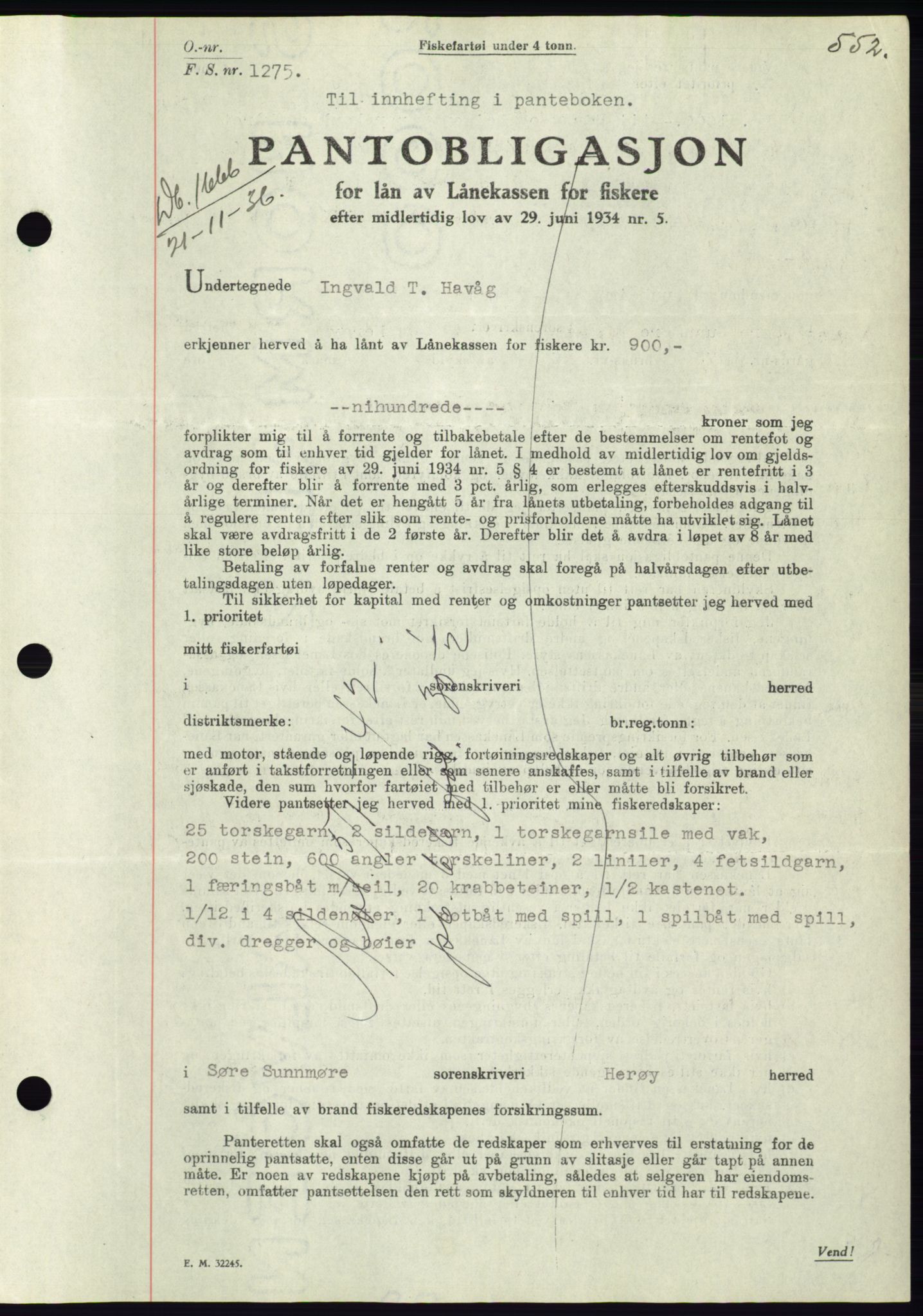 Søre Sunnmøre sorenskriveri, AV/SAT-A-4122/1/2/2C/L0061: Mortgage book no. 55, 1936-1936, Diary no: : 1666/1936