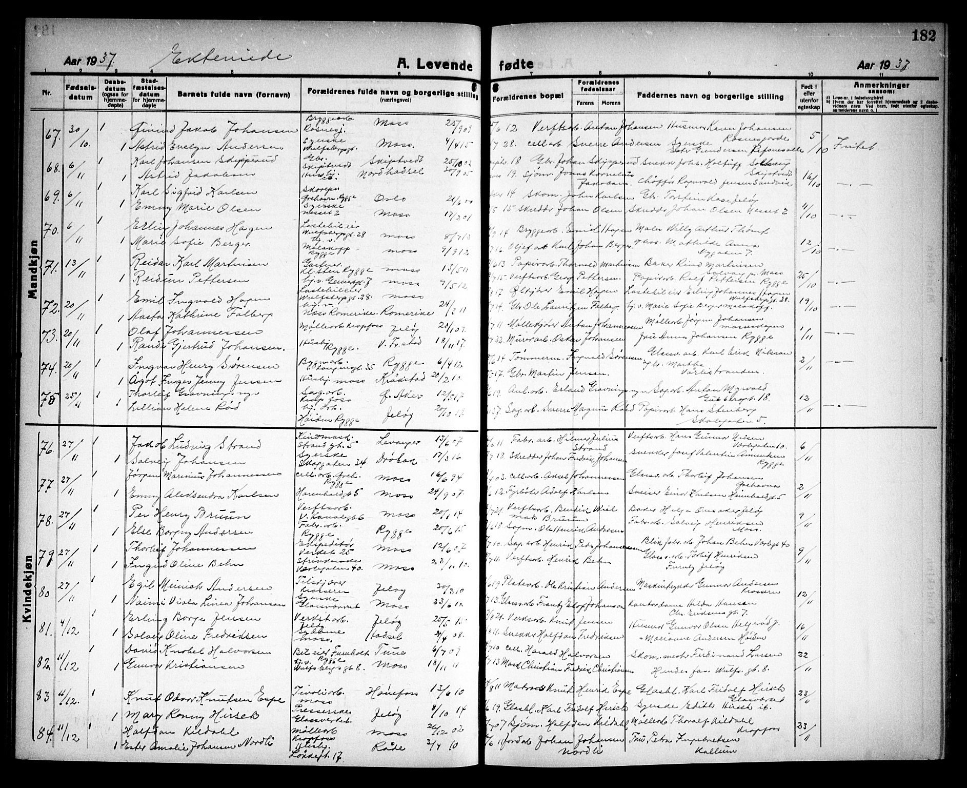 Moss prestekontor Kirkebøker, AV/SAO-A-2003/G/Ga/L0009: Parish register (copy) no. I 9, 1924-1937, p. 182