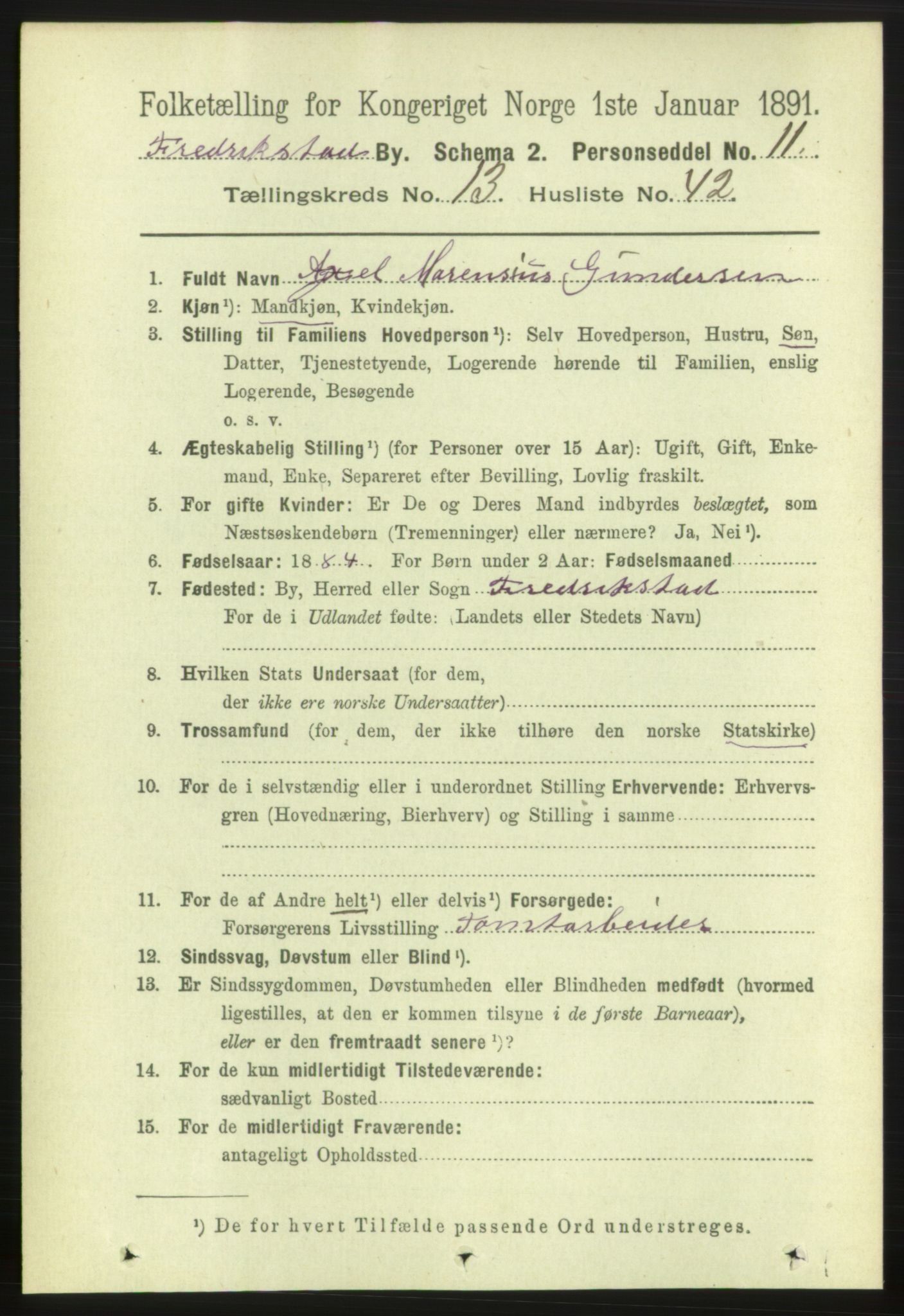 RA, 1891 census for 0103 Fredrikstad, 1891, p. 15000