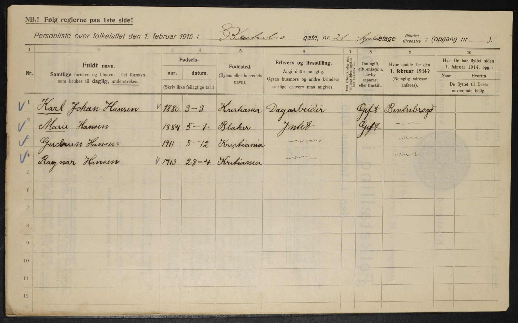 OBA, Municipal Census 1915 for Kristiania, 1915, p. 3544