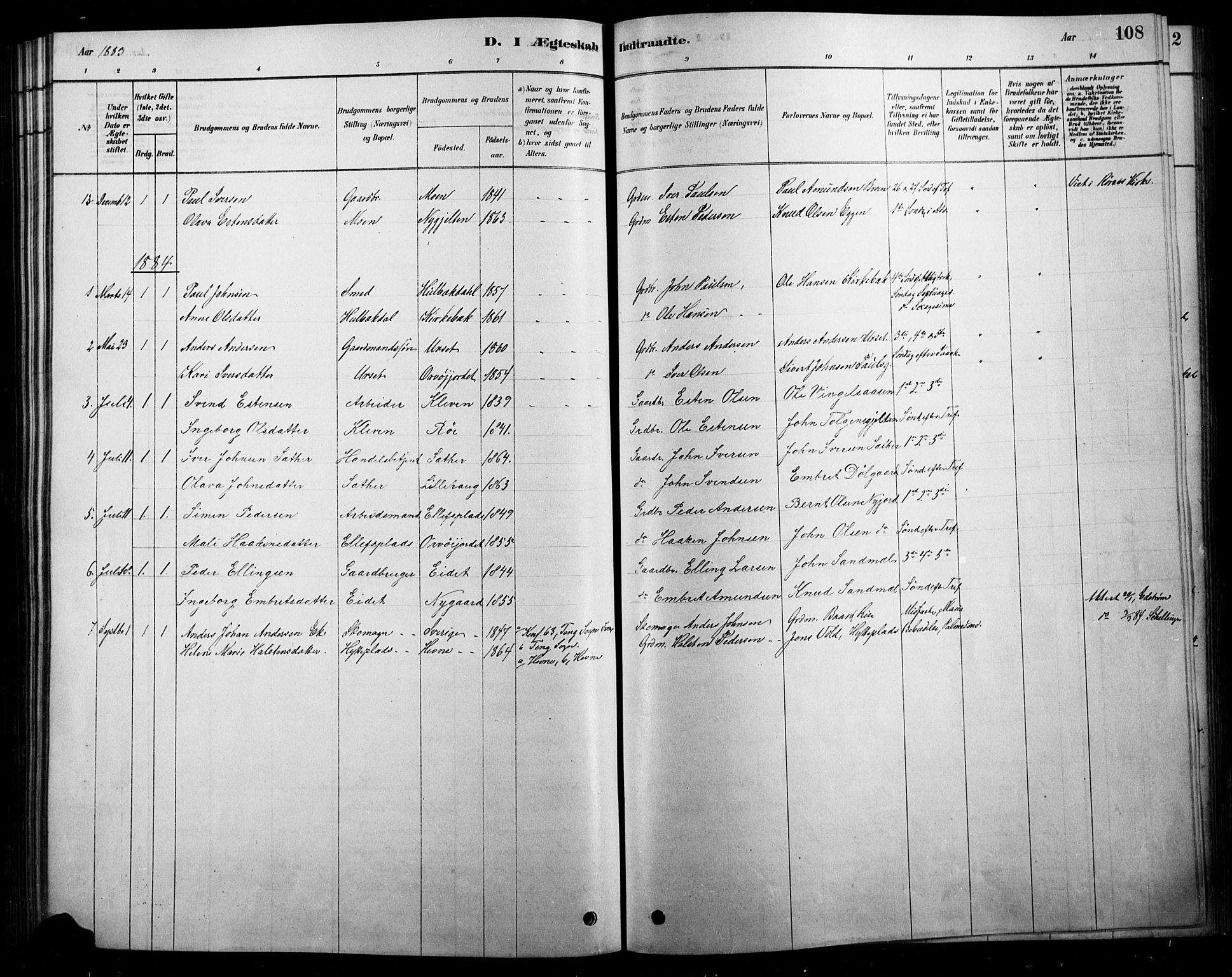 Tolga prestekontor, SAH/PREST-062/L/L0007: Parish register (copy) no. 7, 1878-1919, p. 108