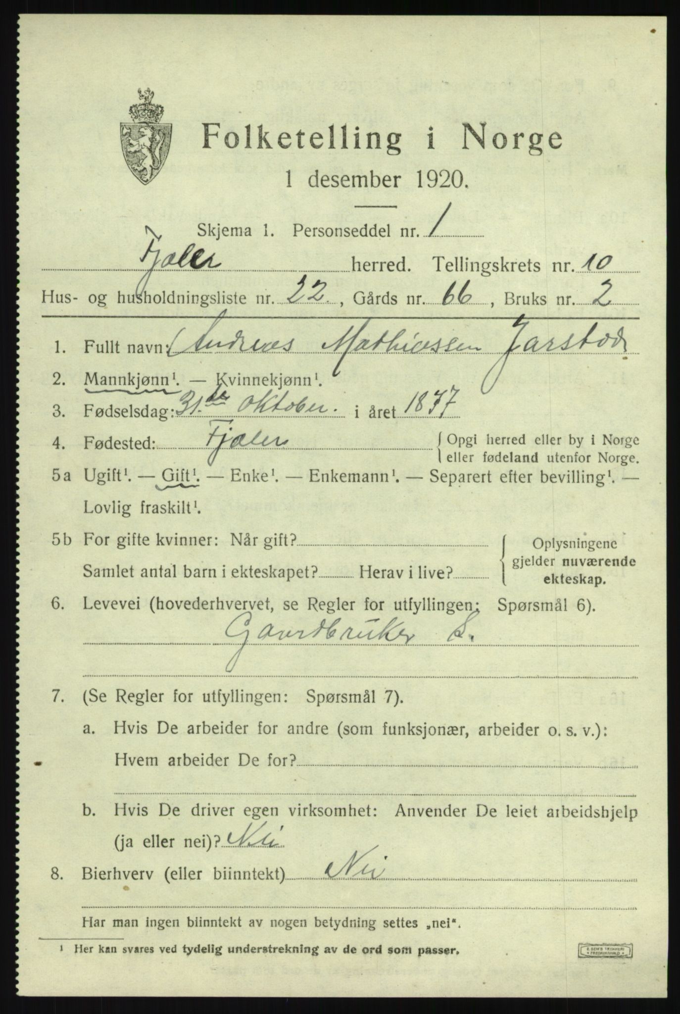 SAB, 1920 census for Fjaler, 1920, p. 5199