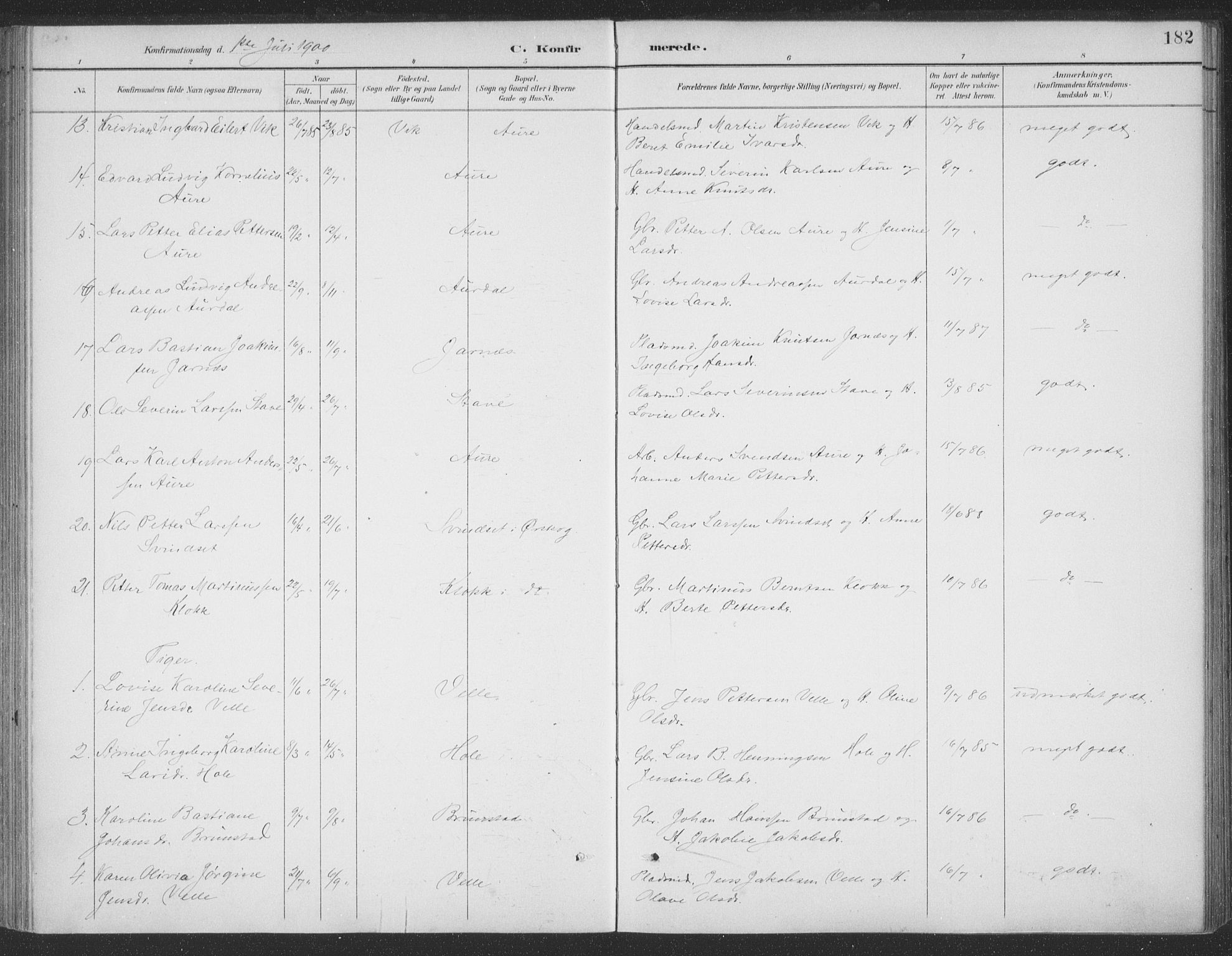 Ministerialprotokoller, klokkerbøker og fødselsregistre - Møre og Romsdal, SAT/A-1454/523/L0335: Parish register (official) no. 523A02, 1891-1911, p. 182