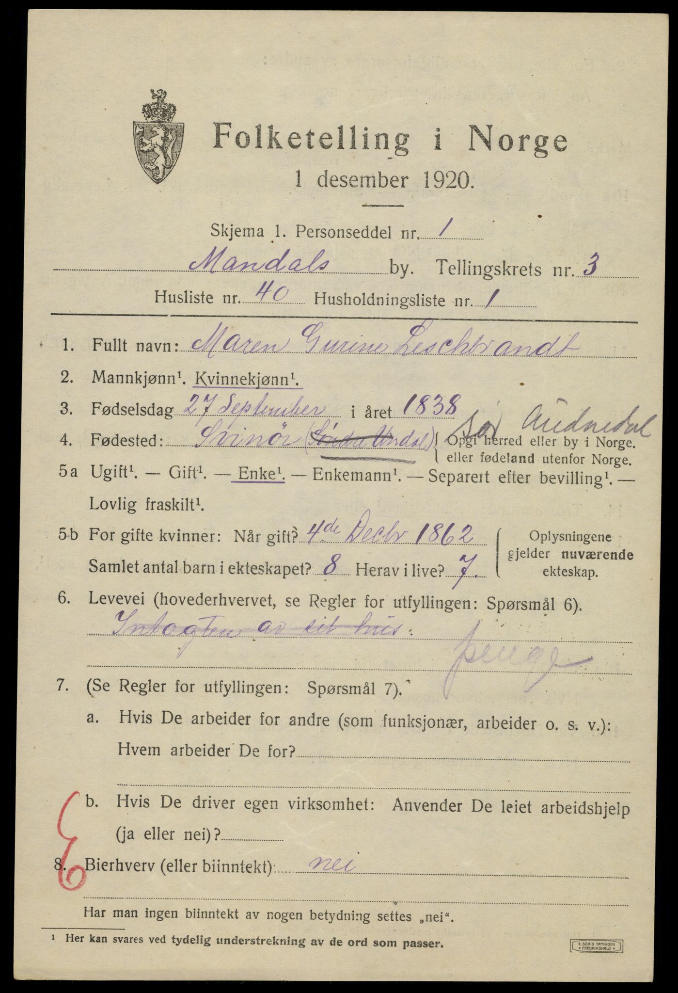 SAK, 1920 census for Mandal, 1920, p. 5853