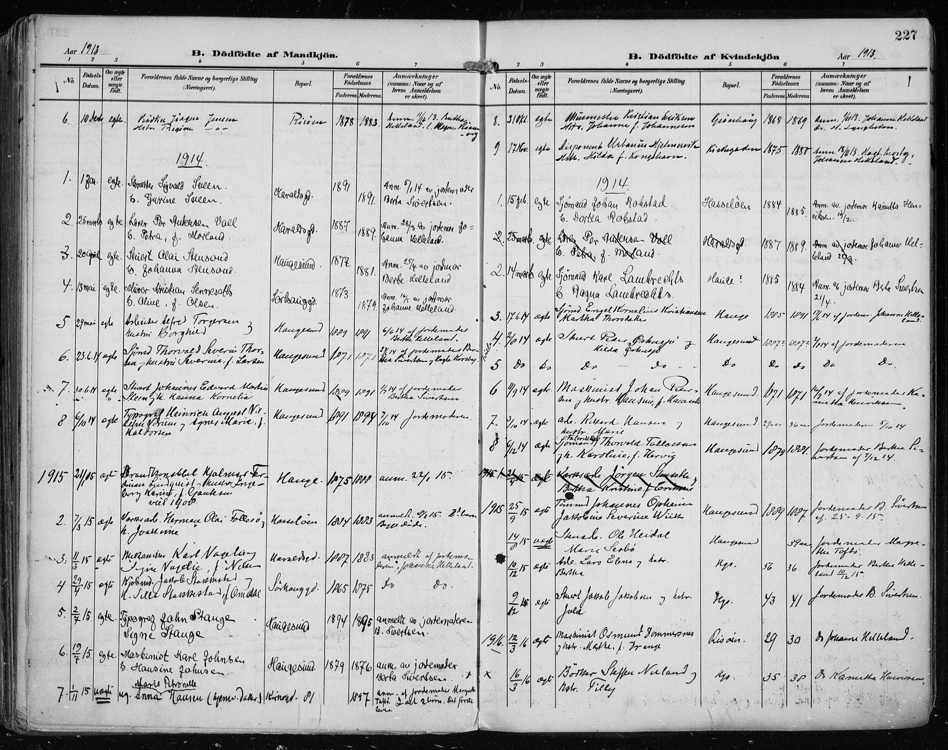 Haugesund sokneprestkontor, AV/SAST-A -101863/H/Ha/Haa/L0008: Parish register (official) no. A 8, 1908-1921, p. 227