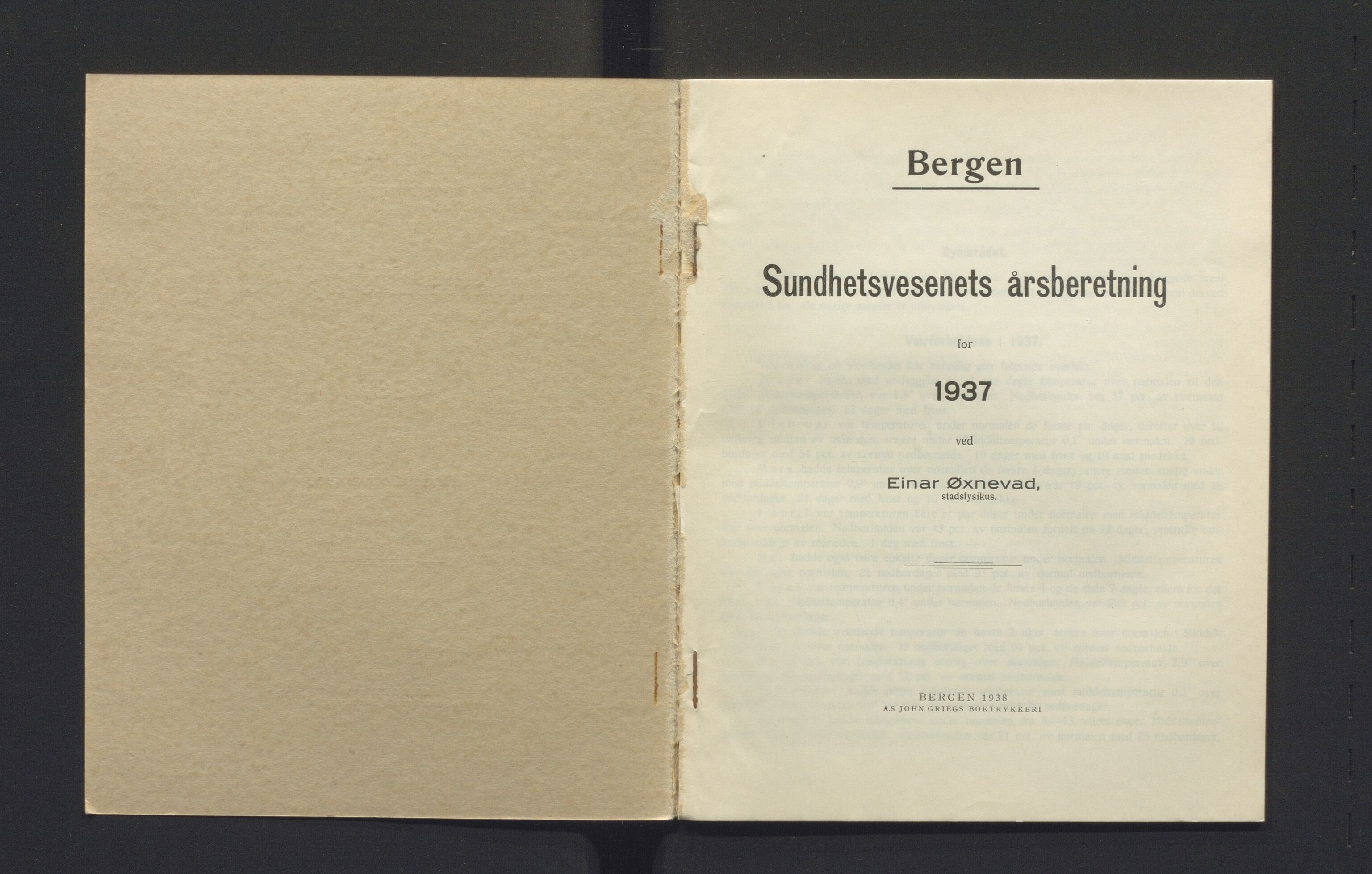 Bergen kommune, Sunnhetsvesen (Bergen helseråd), BBA/A-2617/X/Xa/L0030: Årsmelding, 1937