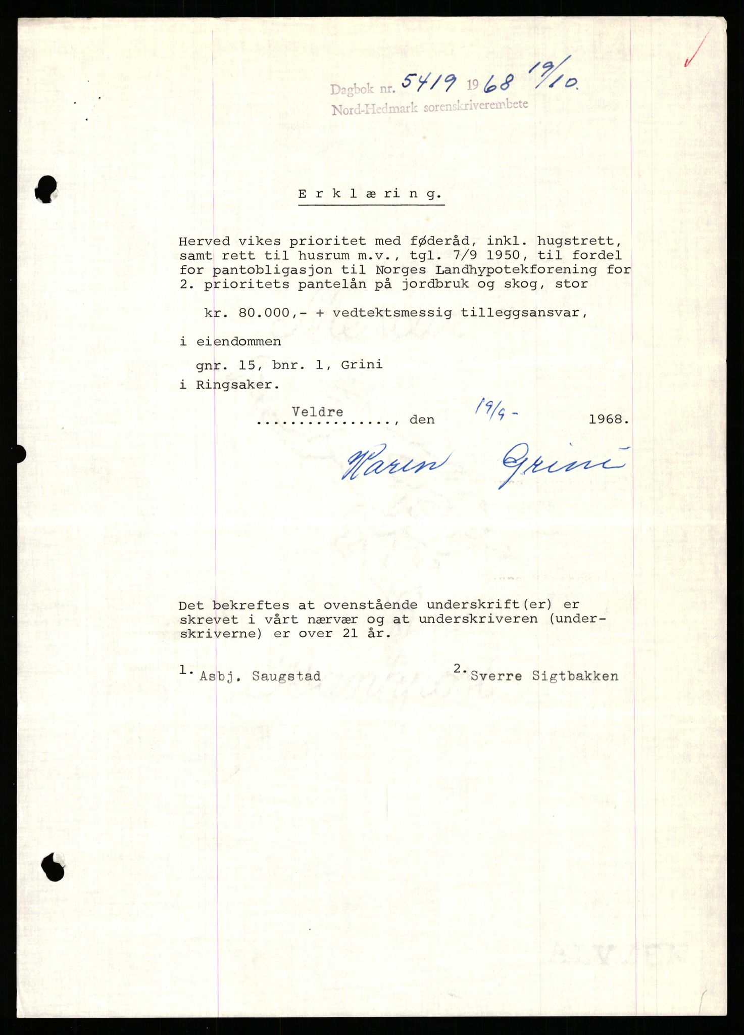 Nord-Hedmark sorenskriveri, SAH/TING-012/H/Hb/Hbf/L0077: Mortgage book no. B77, 1968-1969, Diary no: : 5419/1968
