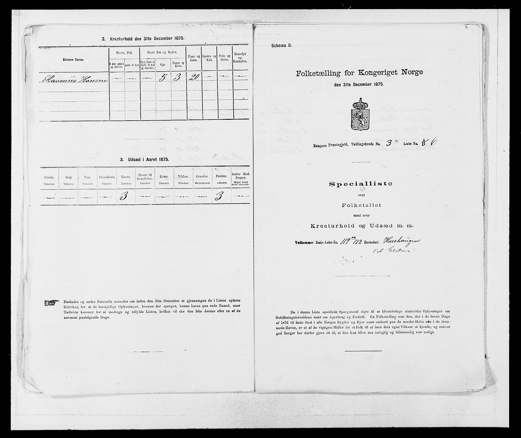 SAB, 1875 census for 1261P Manger, 1875, p. 389