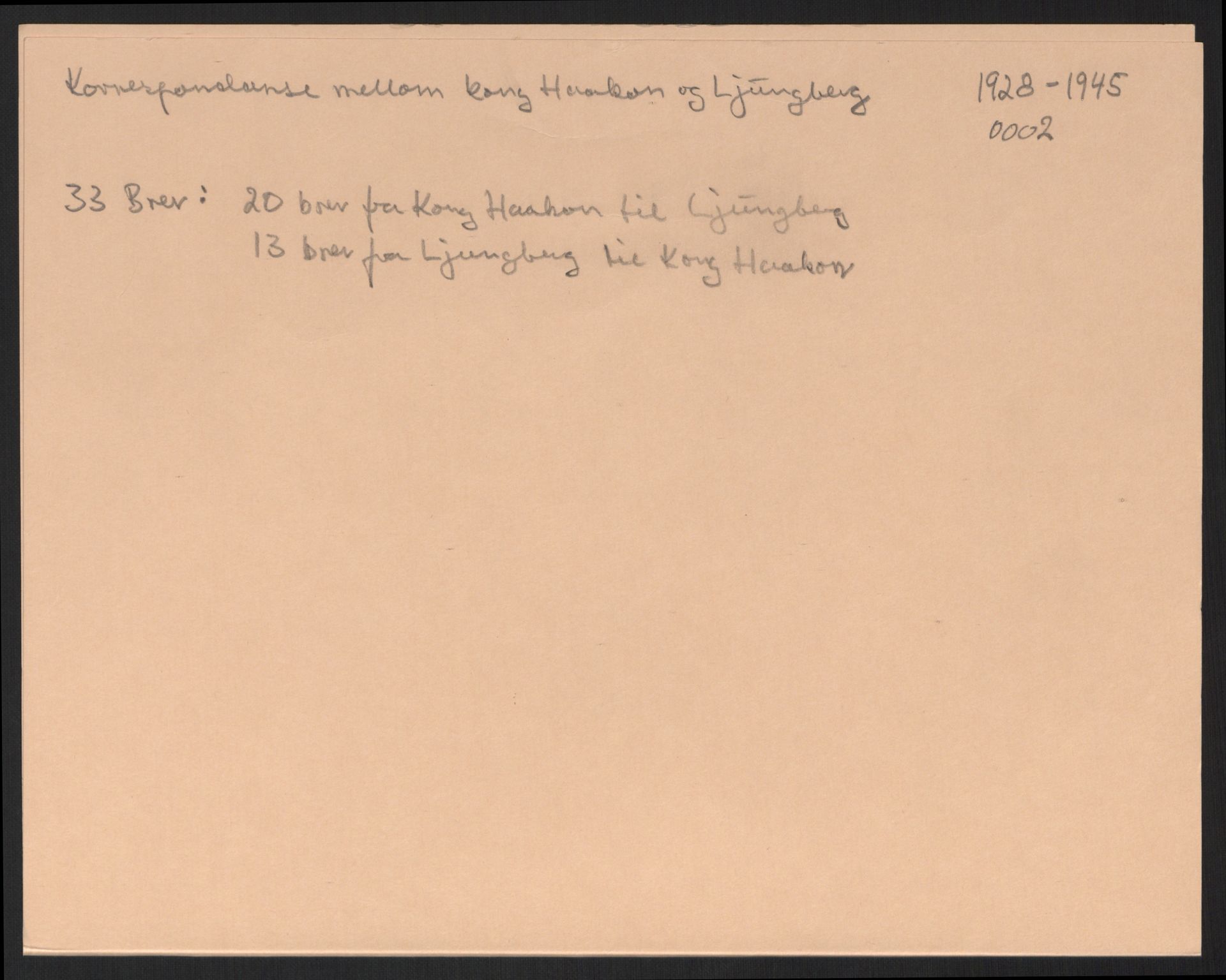 Ljungberg, Birger, RA/PA-1469/D/L0001/0002: Korrespondanse, saksarkiv, dagboksnotater m.m. / Korrespondanse mellom kong Haakon og Birger Ljungberg. 20 brev fra kong Haakon til Ljungberg, 13 brev fra Ljungberg til kong Haakon., 1928-1945
