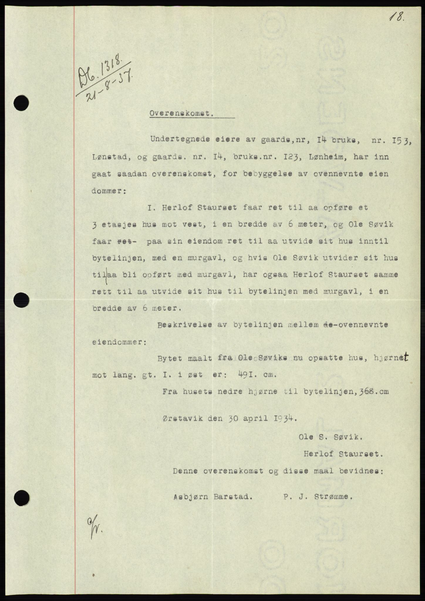 Søre Sunnmøre sorenskriveri, AV/SAT-A-4122/1/2/2C/L0064: Mortgage book no. 58, 1937-1938, Diary no: : 1318/1937