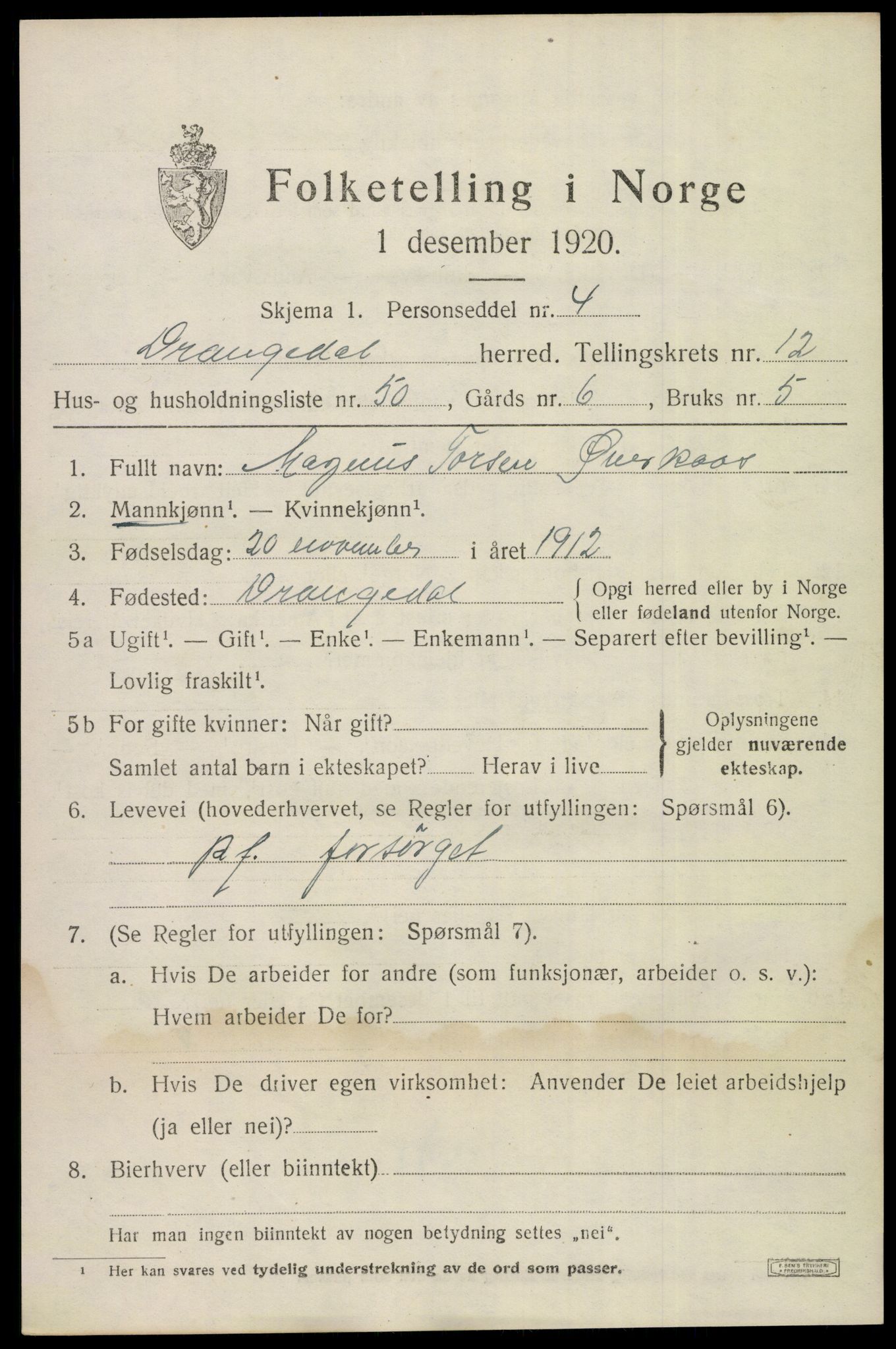 SAKO, 1920 census for Drangedal, 1920, p. 7281