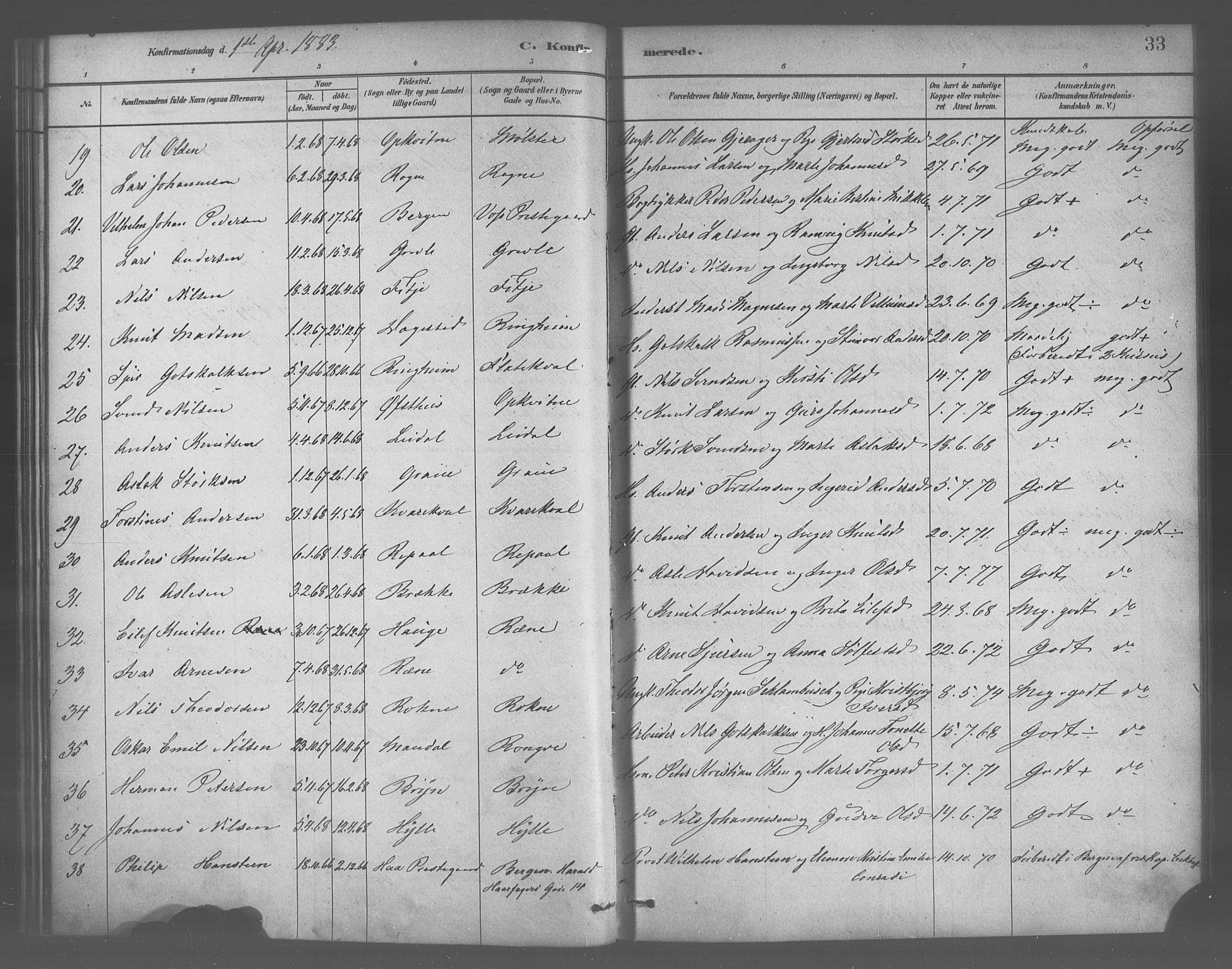 Voss sokneprestembete, SAB/A-79001/H/Haa: Parish register (official) no. B 1, 1877-1899, p. 33