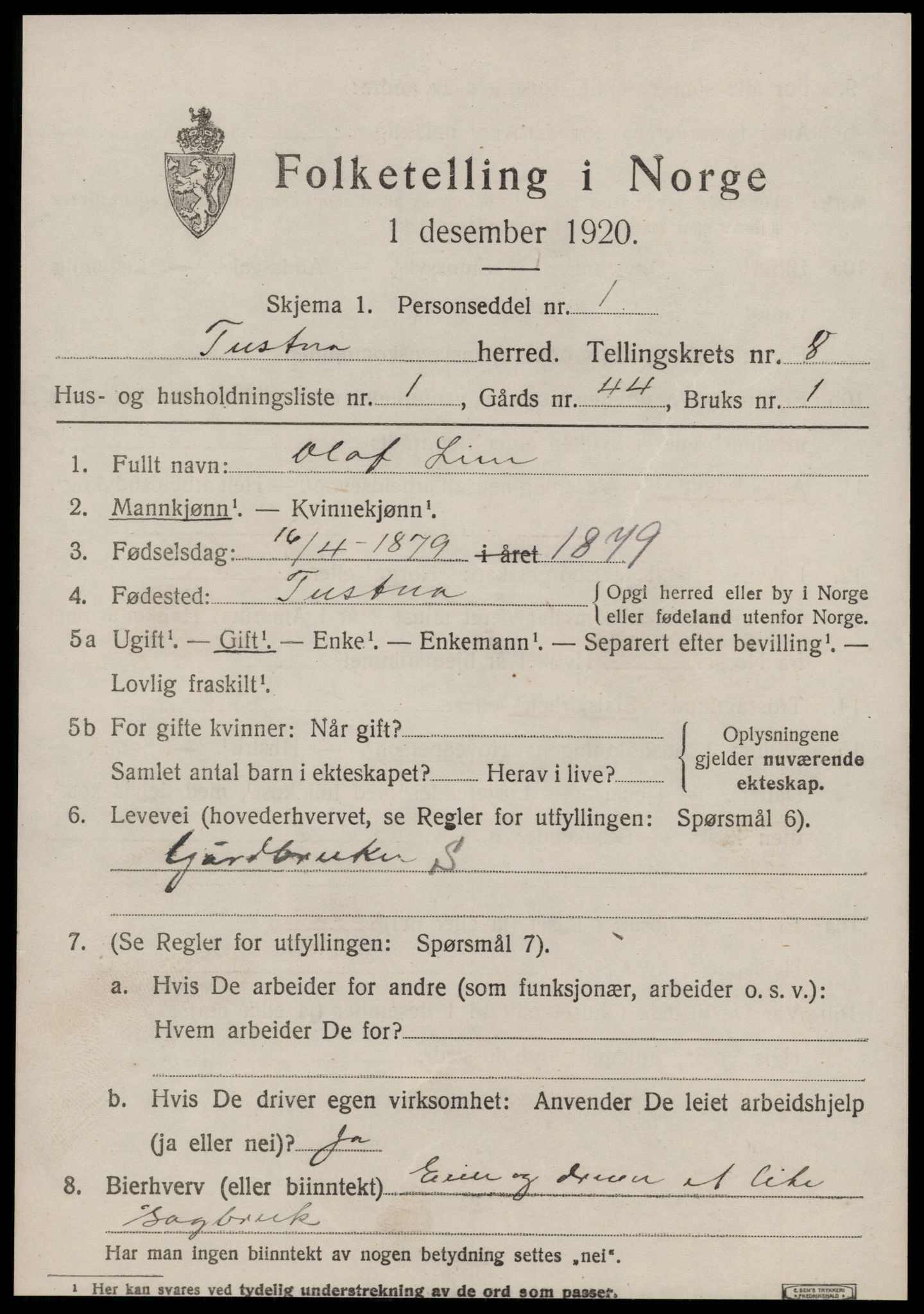 SAT, 1920 census for Tustna, 1920, p. 3567