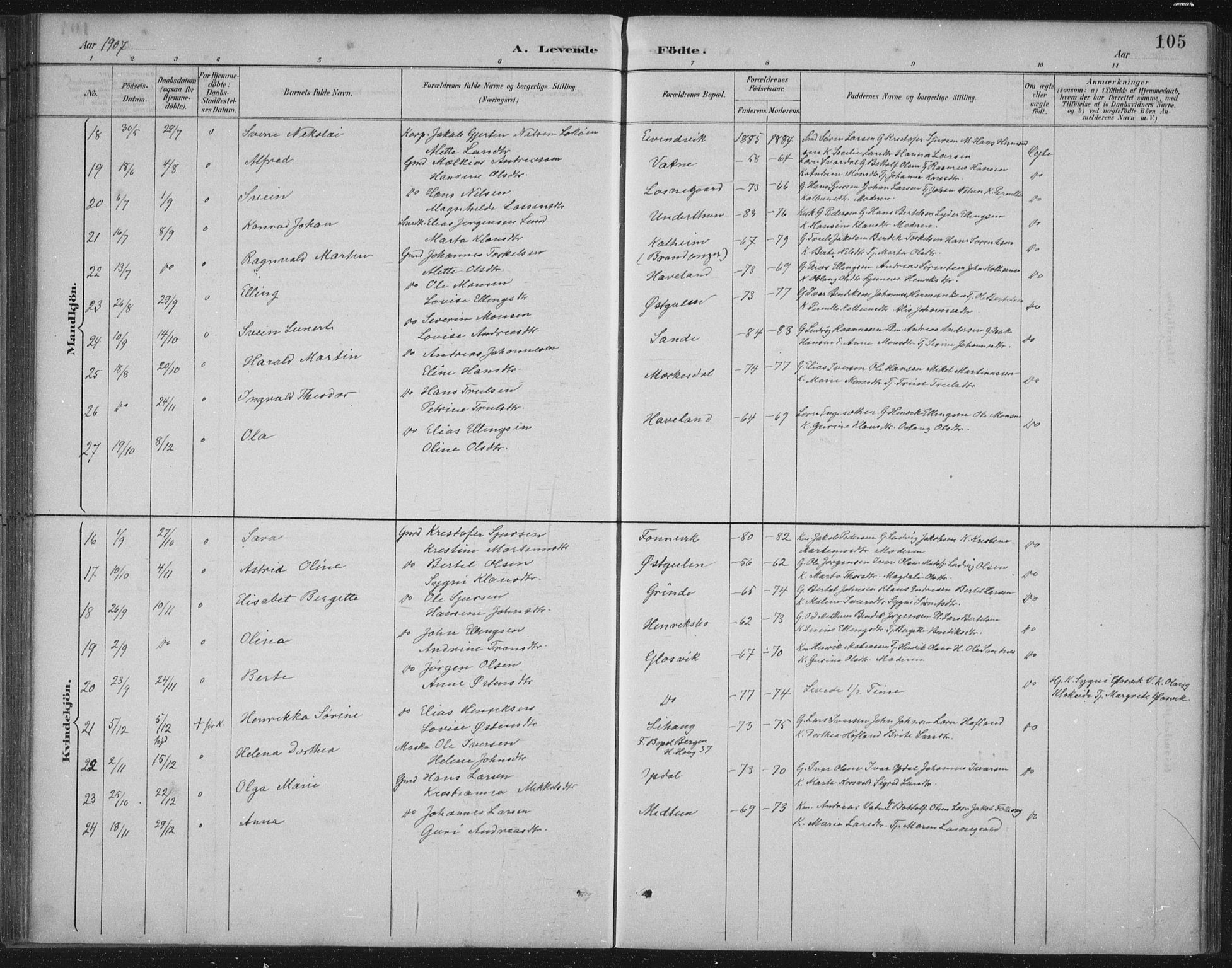 Gulen sokneprestembete, AV/SAB-A-80201/H/Hab/Habb/L0003: Parish register (copy) no. B 3, 1884-1907, p. 105