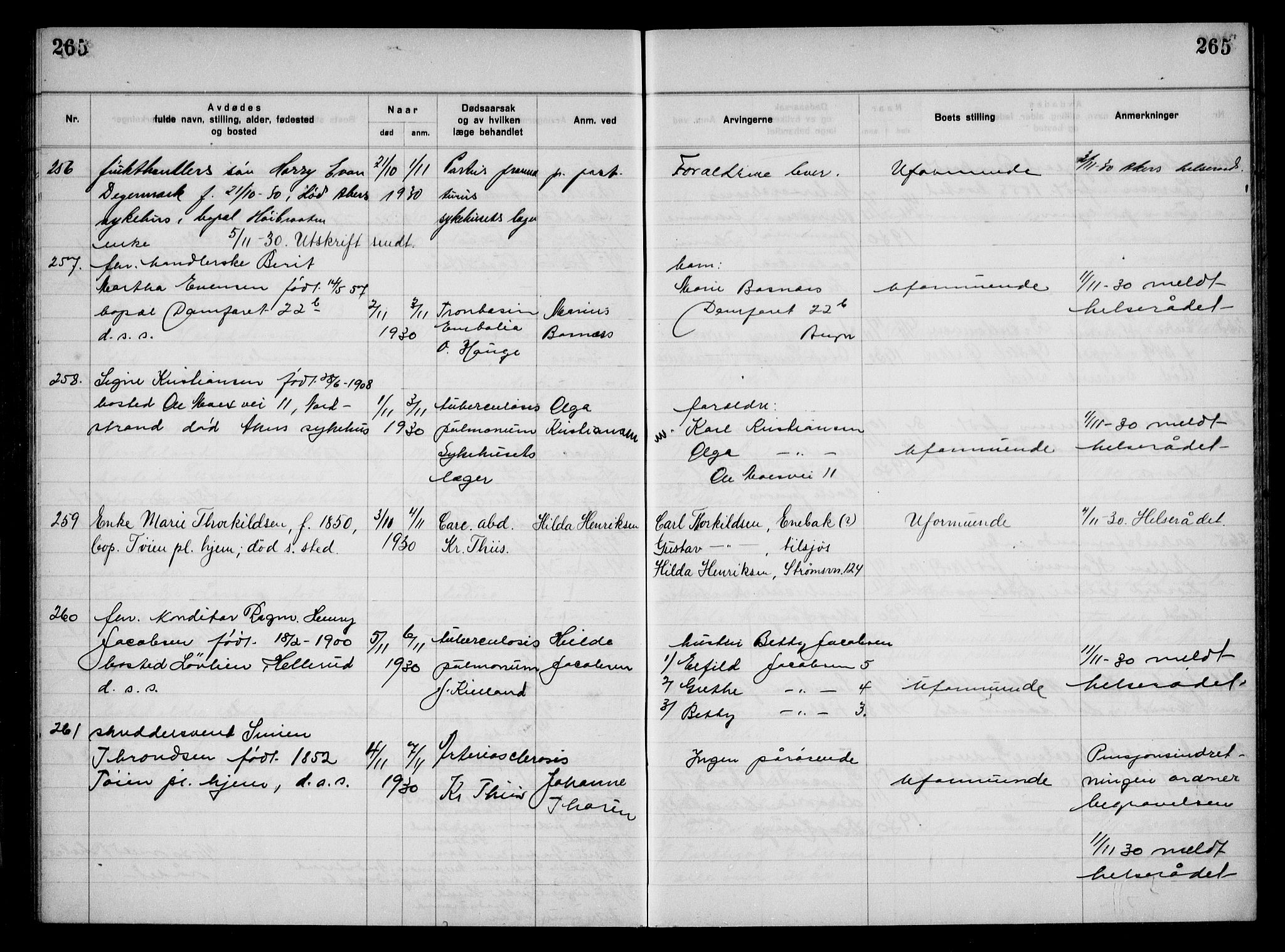 Aker kriminaldommer, skifte- og auksjonsforvalterembete, AV/SAO-A-10452/H/Hb/Hba/Hbac/L0002: Dødsfallsprotokoll for Østre Aker, 1927-1931, p. 265