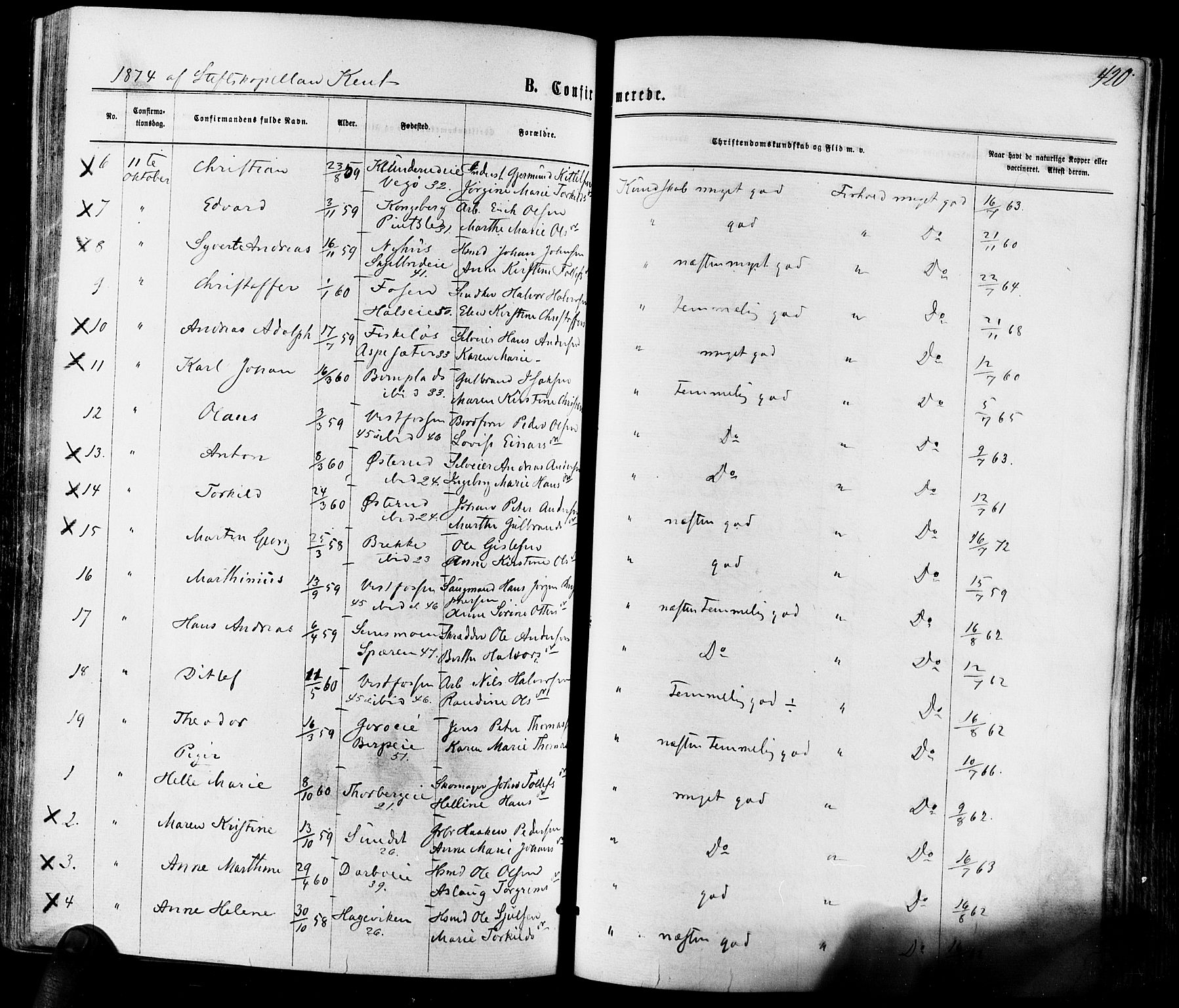 Eiker kirkebøker, SAKO/A-4/F/Fa/L0017: Parish register (official) no. I 17, 1869-1877, p. 420