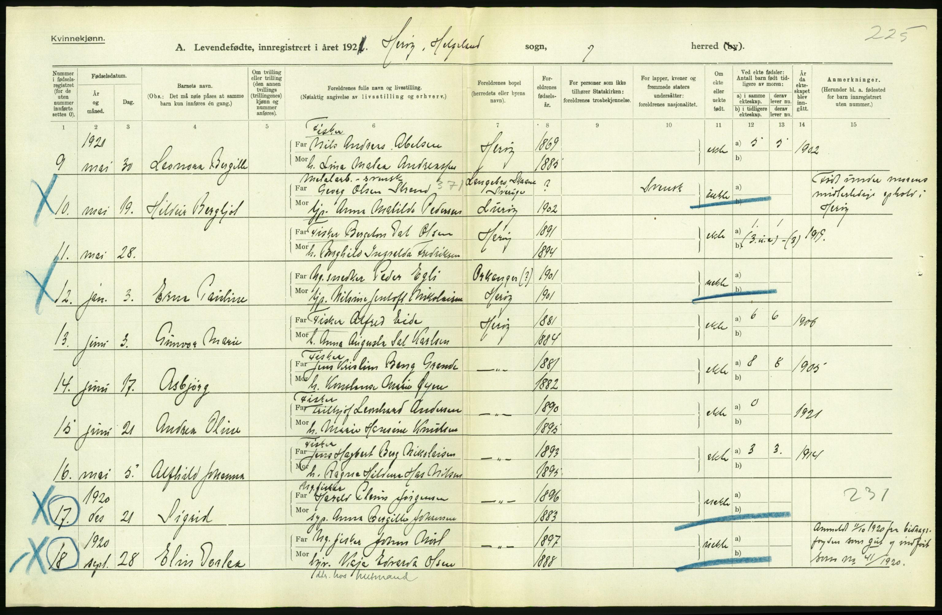 Statistisk sentralbyrå, Sosiodemografiske emner, Befolkning, AV/RA-S-2228/D/Df/Dfc/Dfca/L0049: Nordland fylke: Levendefødte menn og kvinner. Bygder., 1921, p. 82