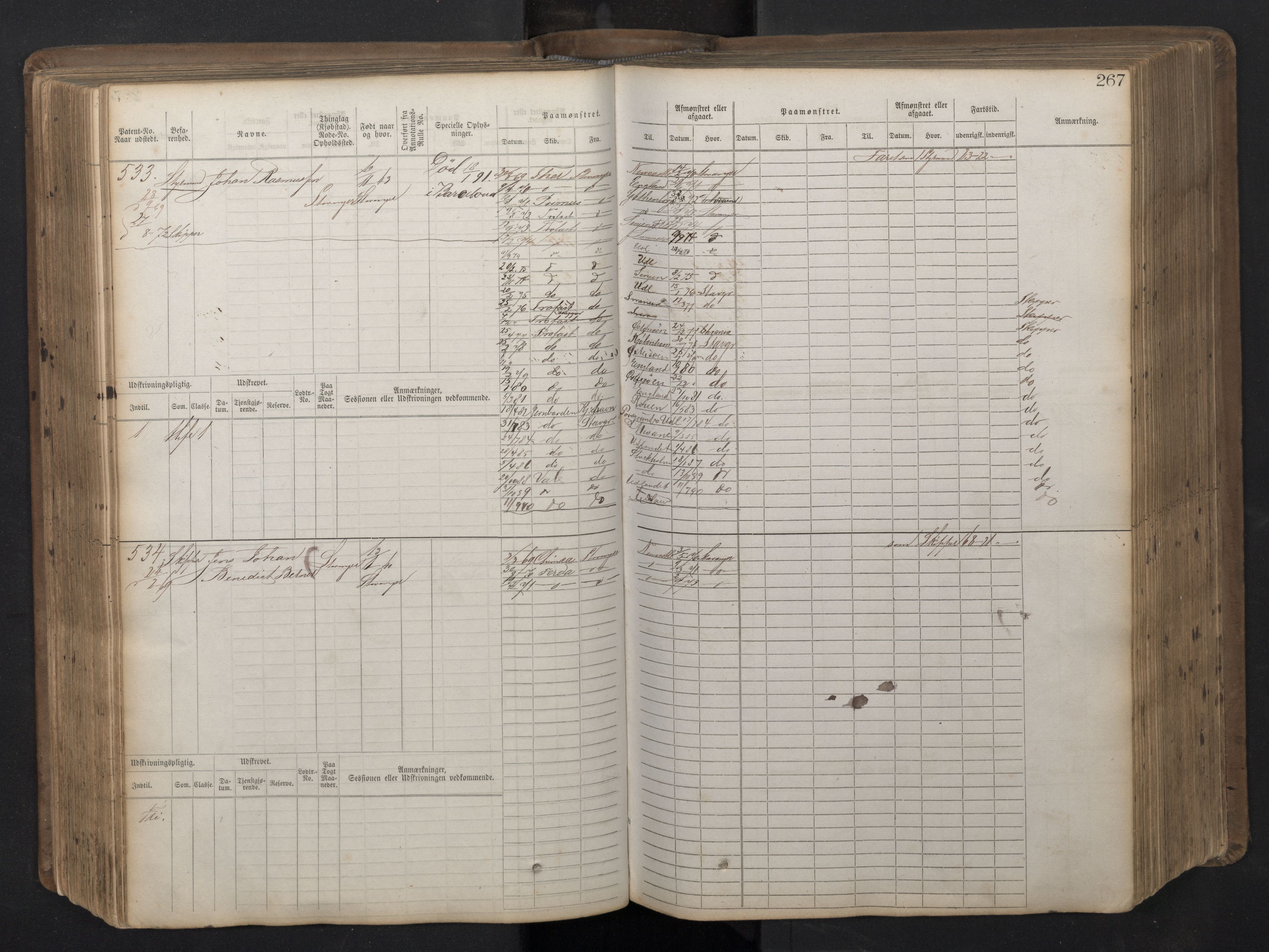 Stavanger sjømannskontor, AV/SAST-A-102006/F/Fb/Fbb/L0016: Sjøfartshovedrulle patnentnr. 1-1202 (dublett), 1869, p. 267