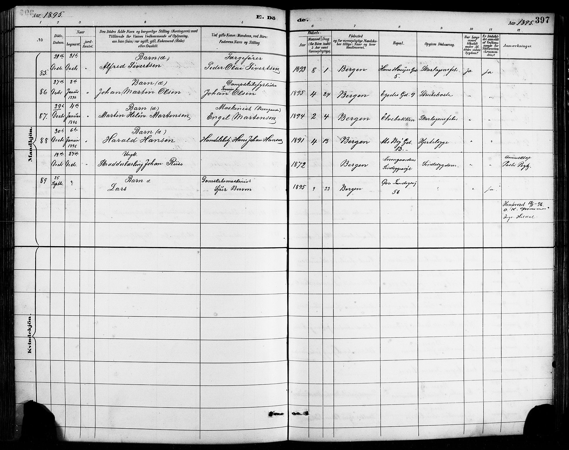 Sandviken Sokneprestembete, SAB/A-77601/H/Hb/L0002: Parish register (copy) no. A 3, 1888-1902, p. 397
