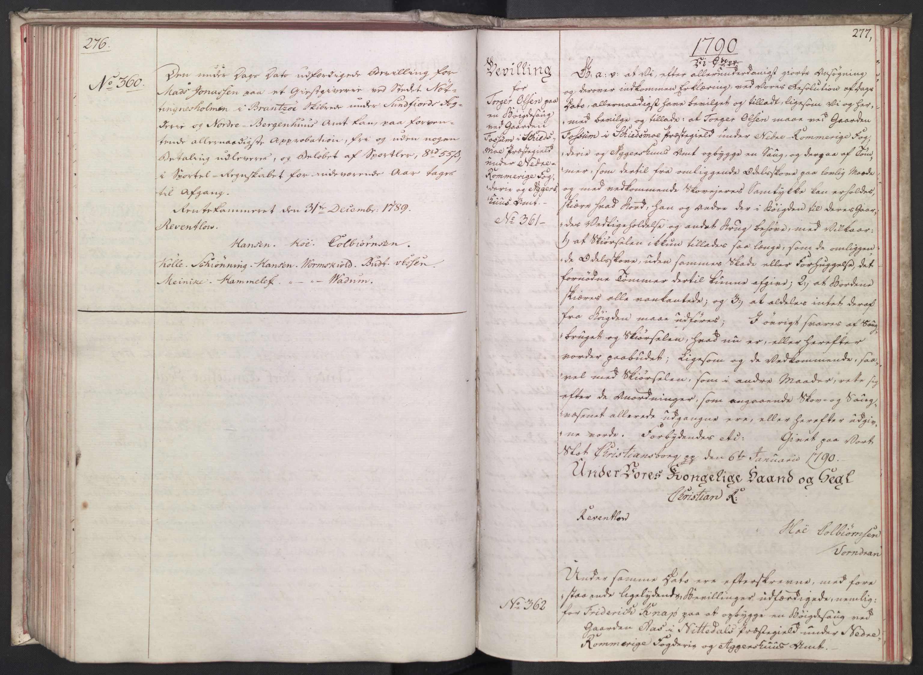 Rentekammeret, Kammerkanselliet, RA/EA-3111/G/Gg/Gga/L0014: Norsk ekspedisjonsprotokoll med register (merket RK 53.14), 1787-1790, p. 276-277