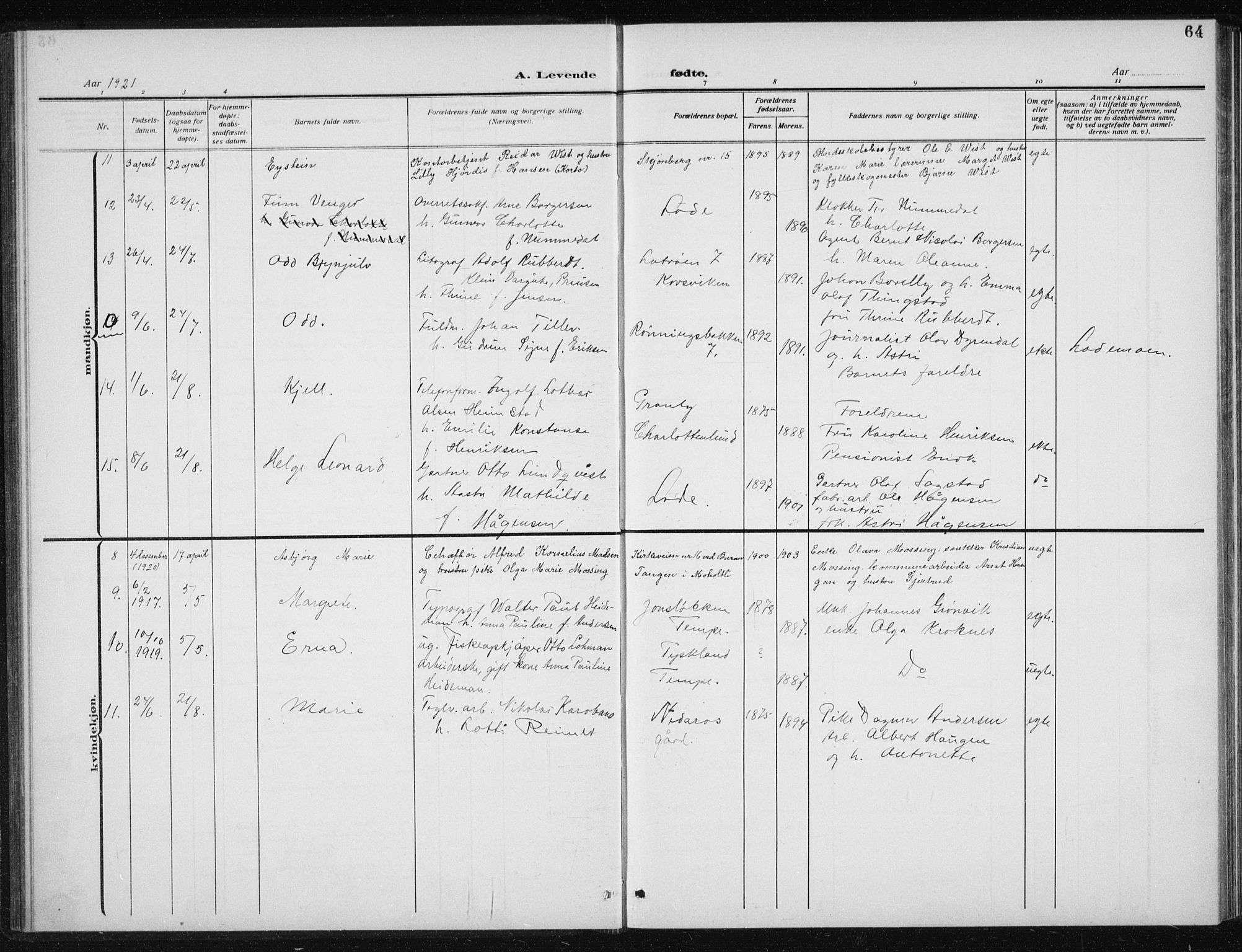 Ministerialprotokoller, klokkerbøker og fødselsregistre - Sør-Trøndelag, SAT/A-1456/606/L0314: Parish register (copy) no. 606C10, 1911-1937, p. 64