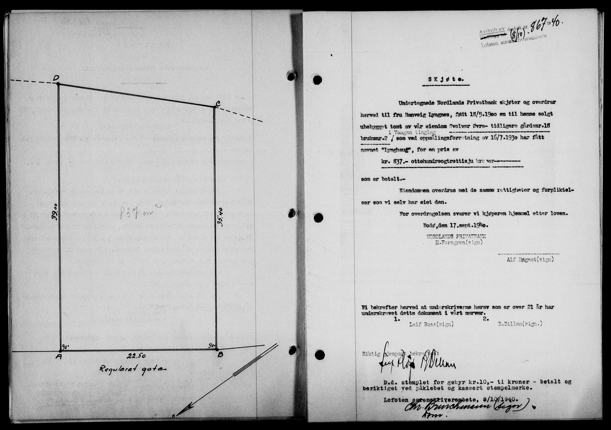 Lofoten sorenskriveri, SAT/A-0017/1/2/2C/L0007a: Mortgage book no. 7a, 1939-1940, Diary no: : 867/1940