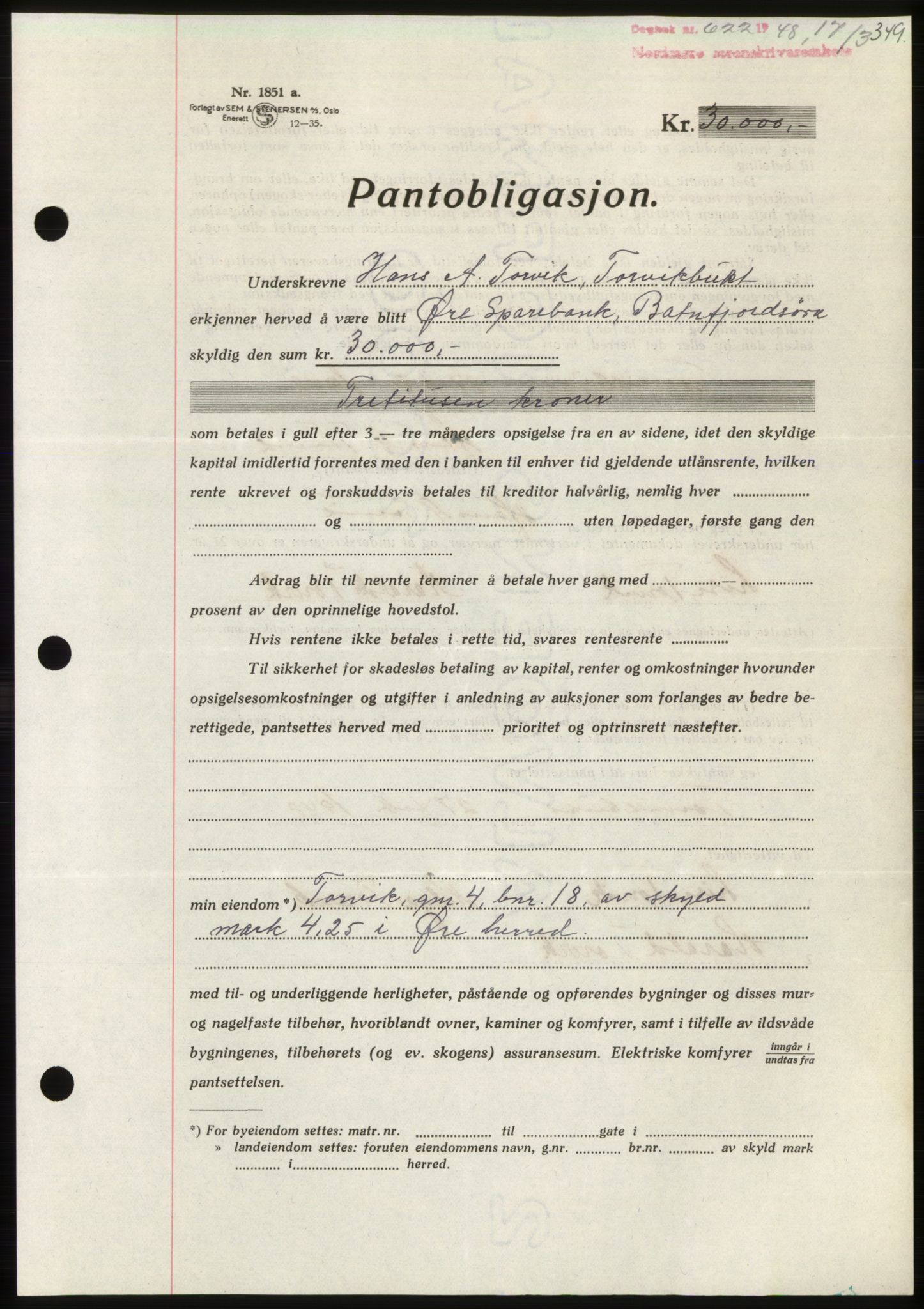 Nordmøre sorenskriveri, AV/SAT-A-4132/1/2/2Ca: Mortgage book no. B98, 1948-1948, Diary no: : 622/1948