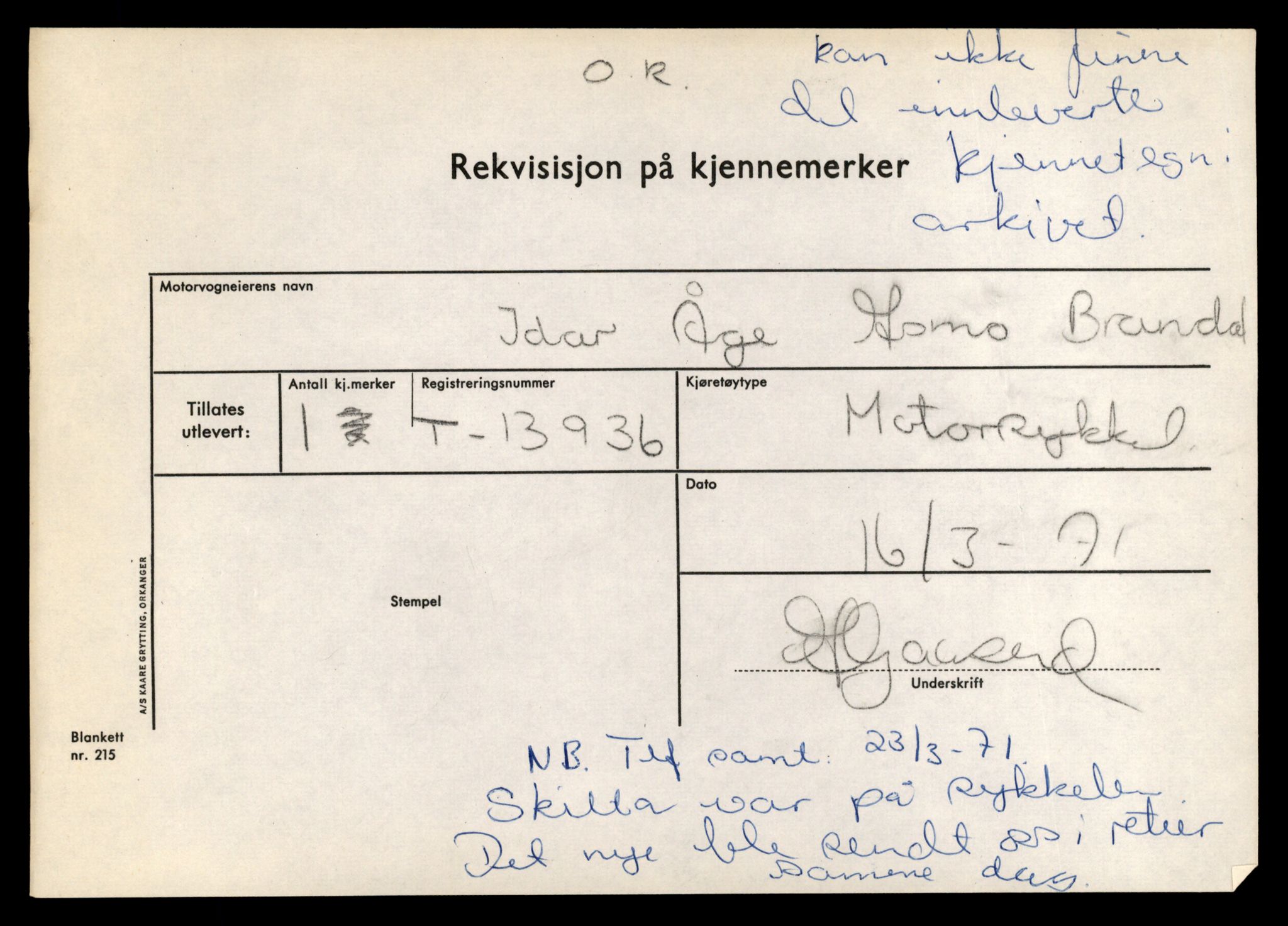 Møre og Romsdal vegkontor - Ålesund trafikkstasjon, AV/SAT-A-4099/F/Fe/L0042: Registreringskort for kjøretøy T 13906 - T 14079, 1927-1998, p. 492
