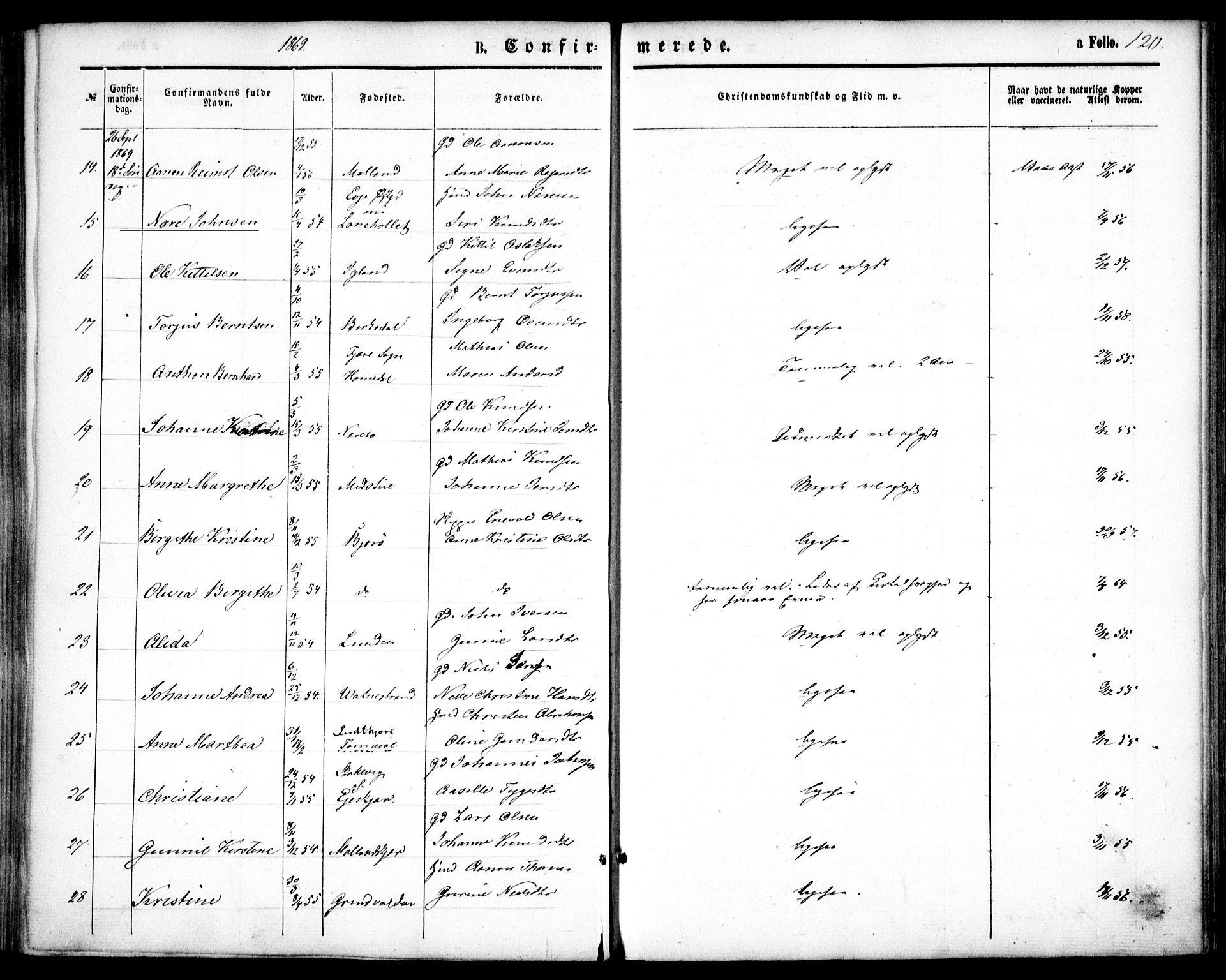 Hommedal sokneprestkontor, AV/SAK-1111-0023/F/Fa/Fab/L0005: Parish register (official) no. A 5, 1861-1877, p. 120