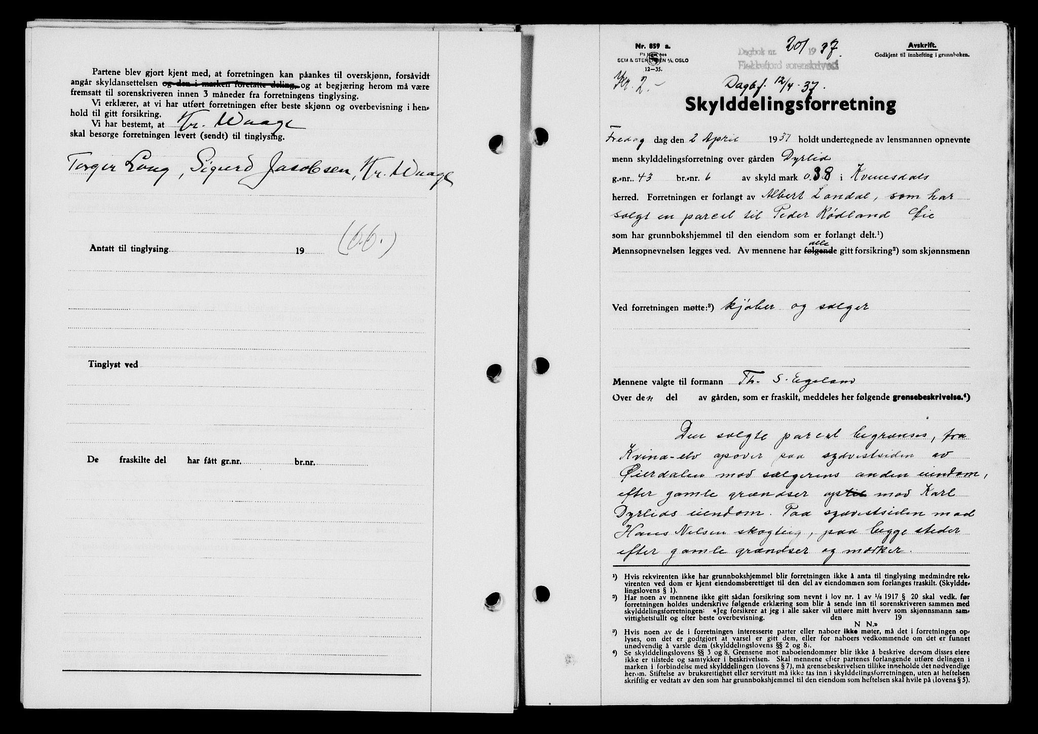 Flekkefjord sorenskriveri, SAK/1221-0001/G/Gb/Gba/L0053: Mortgage book no. A-1, 1936-1937, Diary no: : 201/1937