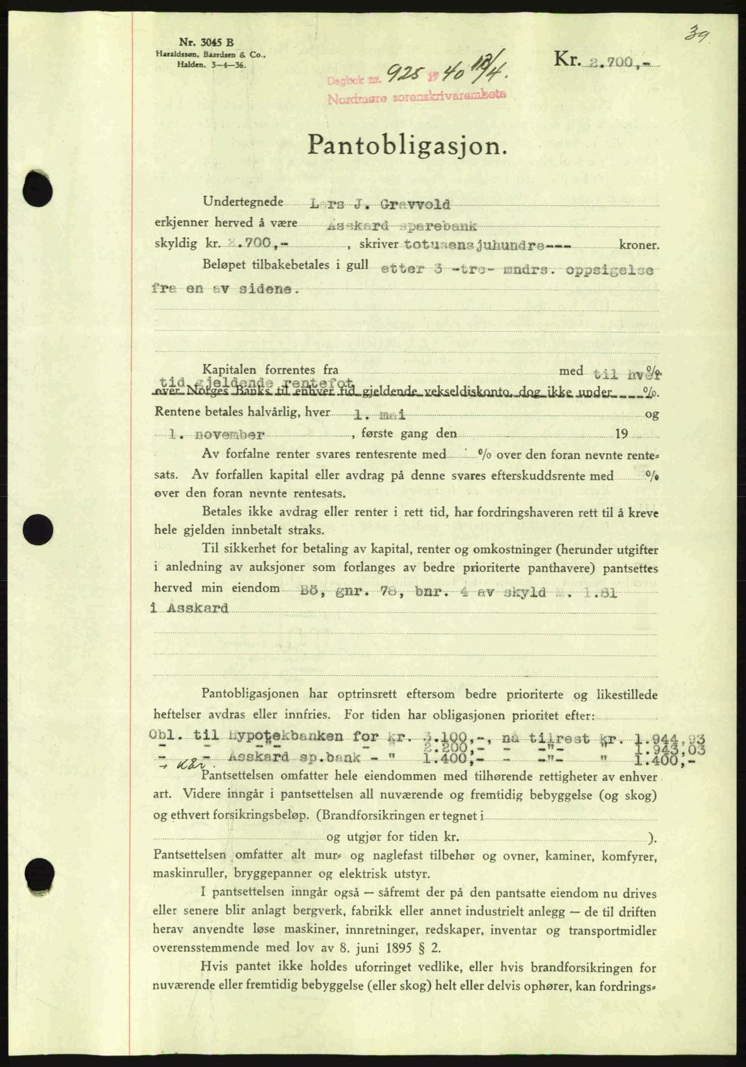 Nordmøre sorenskriveri, AV/SAT-A-4132/1/2/2Ca: Mortgage book no. B87, 1940-1941, Diary no: : 925/1940