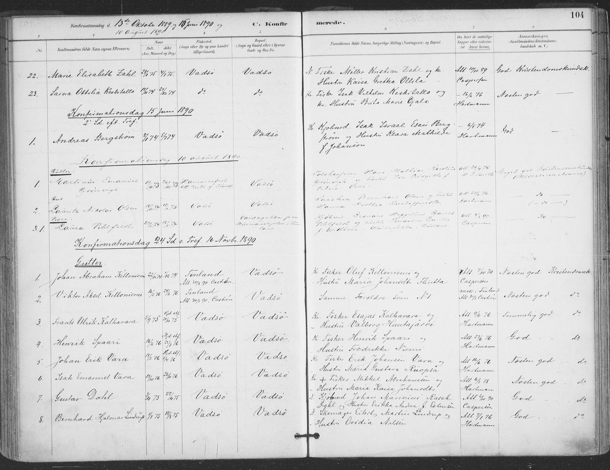 Vadsø sokneprestkontor, SATØ/S-1325/H/Ha/L0006kirke: Parish register (official) no. 6, 1885-1895, p. 104