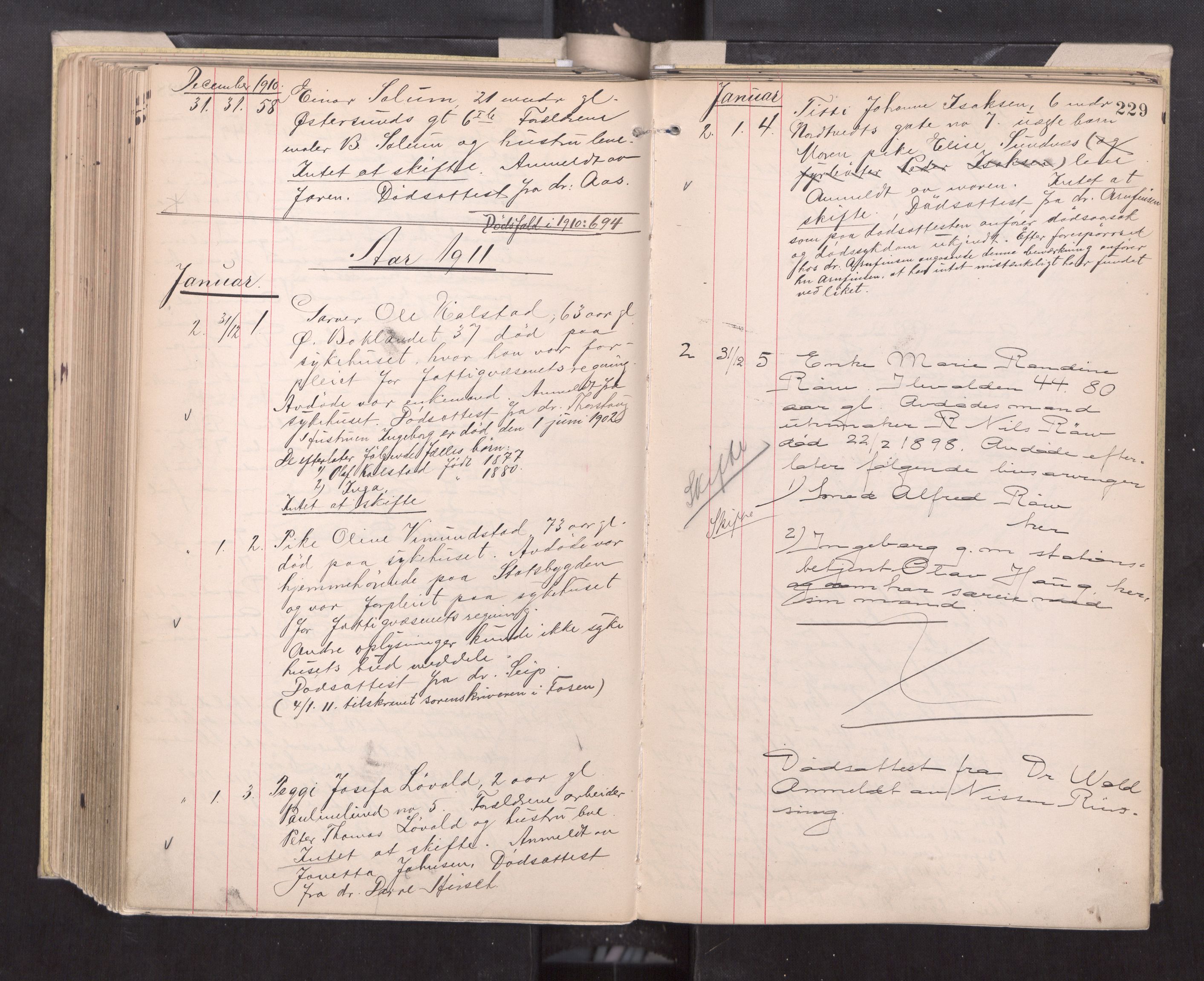 Trondheim byfogd, AV/SAT-A-0003/1/3/3L/L0007: Dødsanmeldelsesprotokoll, 1908-1912, p. 229