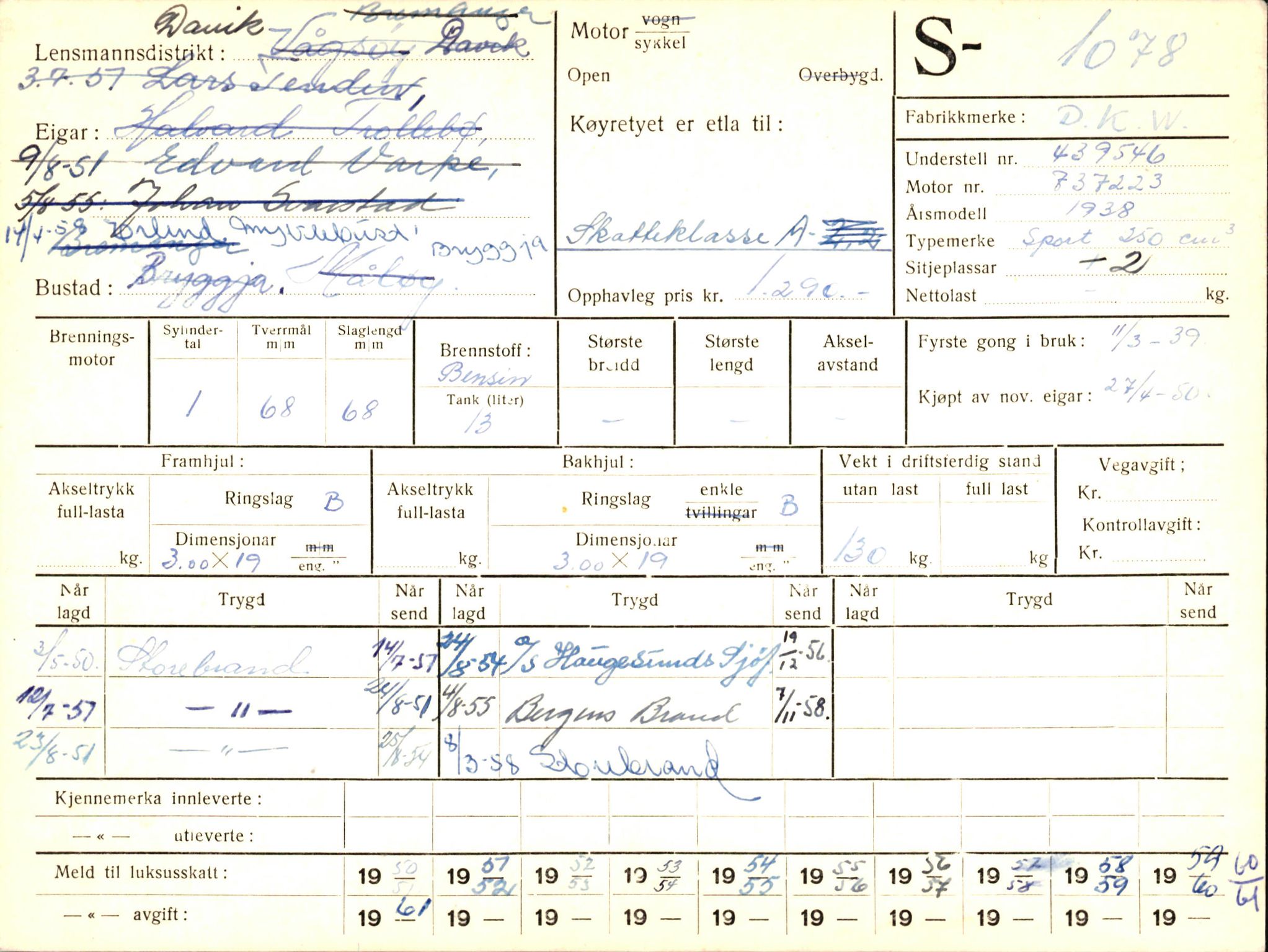 Statens vegvesen, Sogn og Fjordane vegkontor, AV/SAB-A-5301/4/F/L0003: Registerkort utmeldte Fjordane S1000-2499, 1930-1961, p. 129